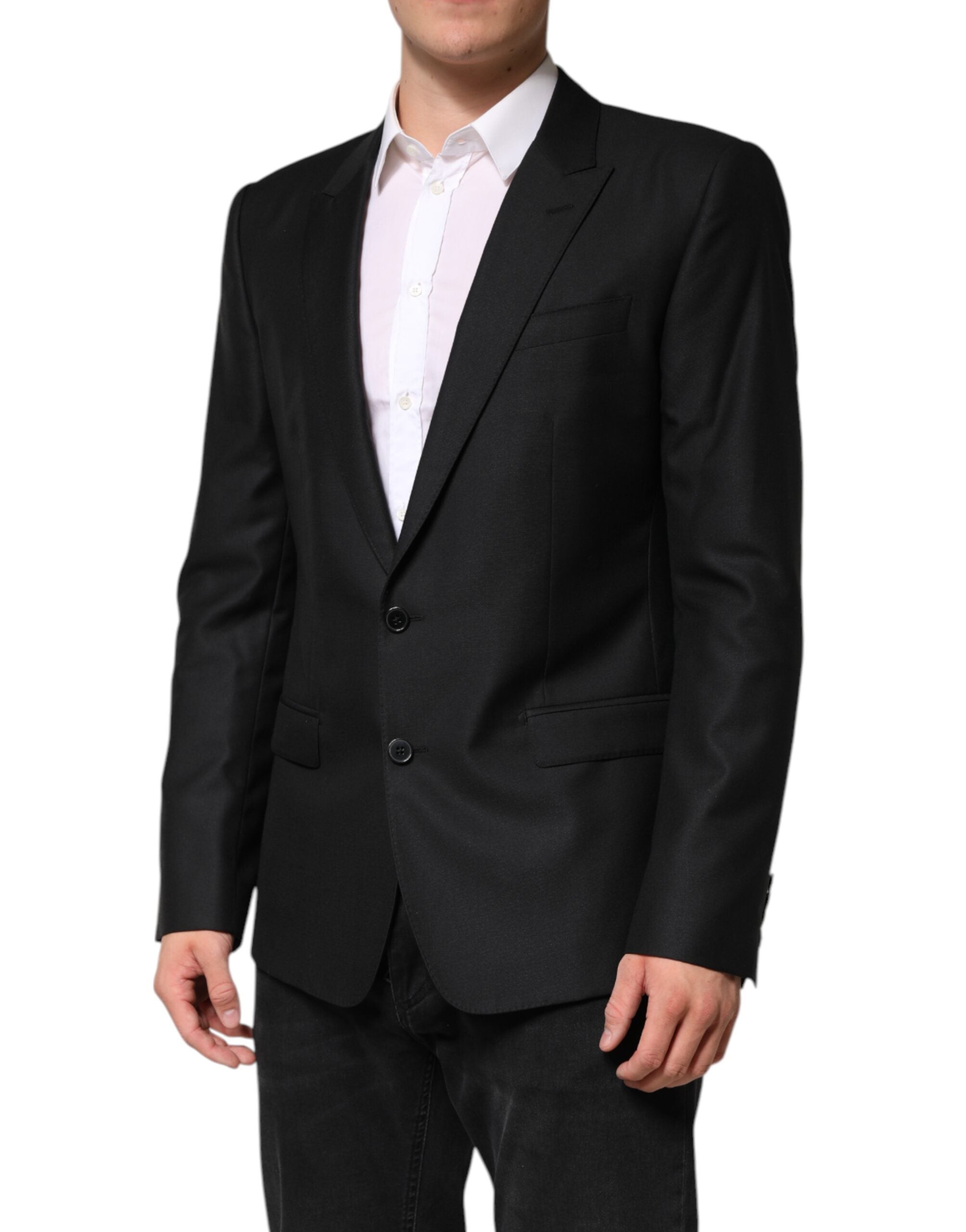Veste blazer en laine noire de Dolce & Gabbana, coupe simple boutonnage, style élégant et classique.