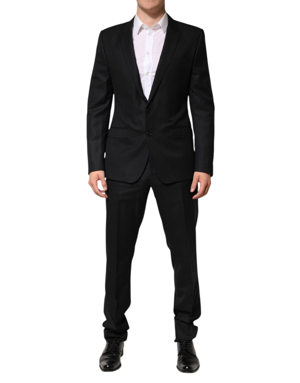 Costume homme Dolce & Gabbana en jacquard noir à deux pièces, veste à simple boutonnage et pantalon élégant.
