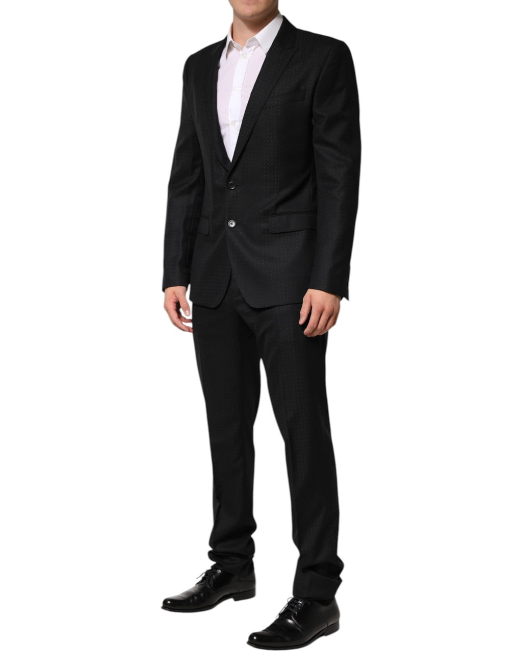 Costume deux pièces noir en jacquard Dolce & Gabbana, veste croisée à un bouton et pantalon assorti, élégant et sophistiqué.
