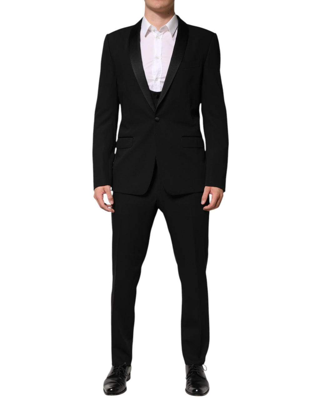 Costume trois pièces en laine noire Dolce & Gabbana, veste à simple boutonnage, pantalon et gilet, élégance masculine.