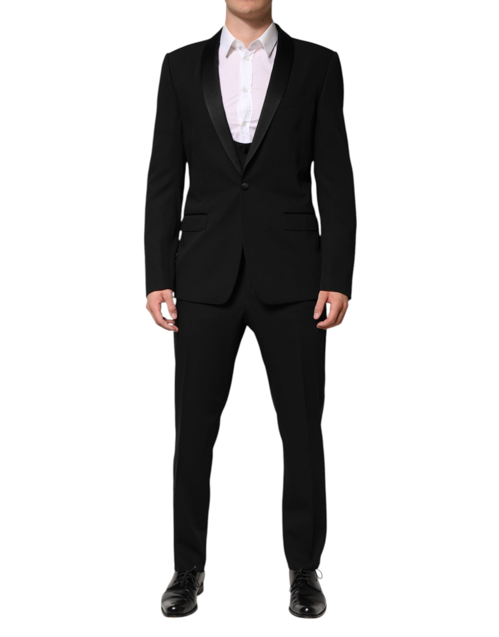 Costume trois pièces en laine noire Dolce & Gabbana, veste à simple boutonnage, pantalon et gilet, élégance masculine.
