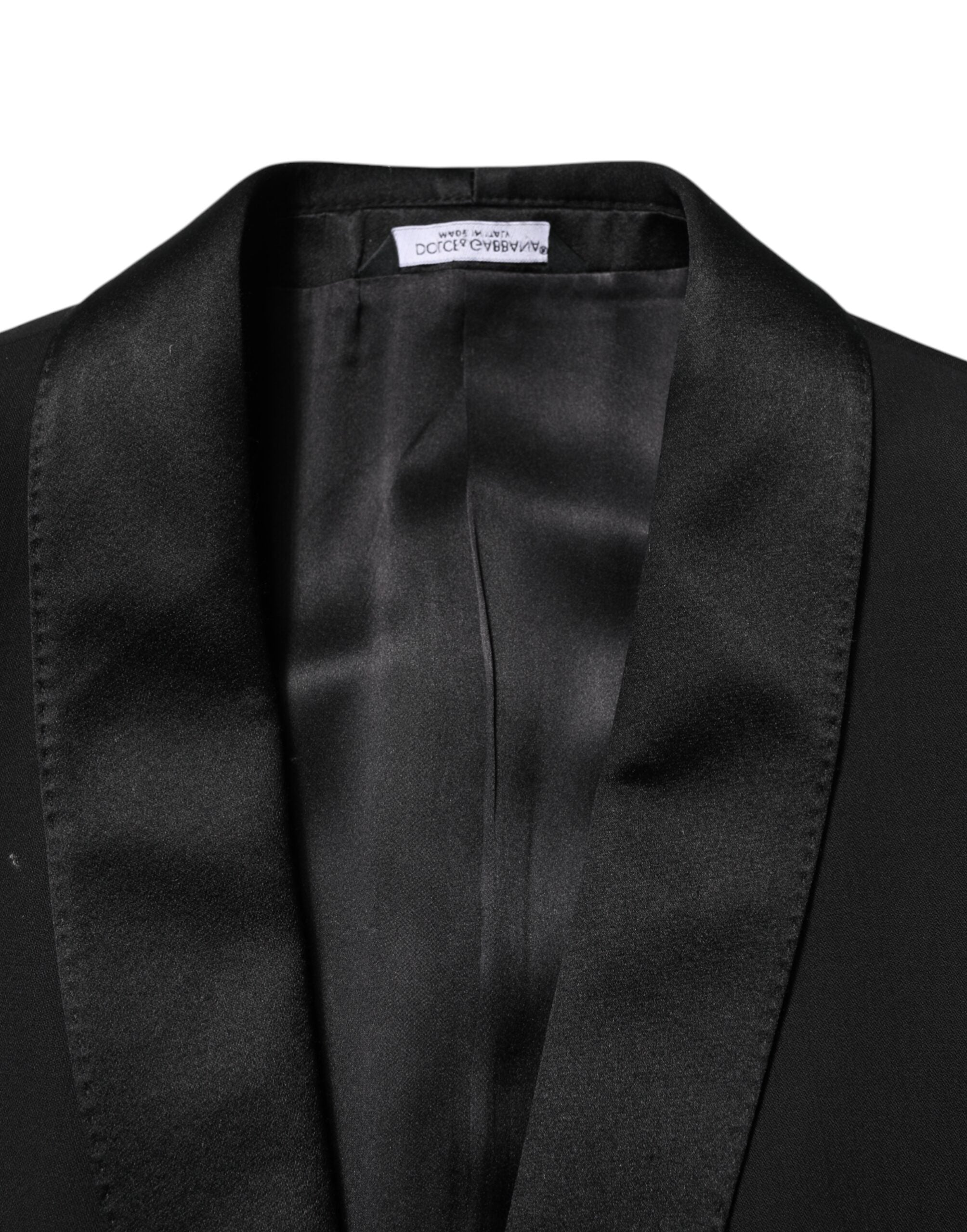 Costume trois pièces en laine noire de Dolce & Gabbana, veste à un bouton, pantalon et gilet élégants pour homme.