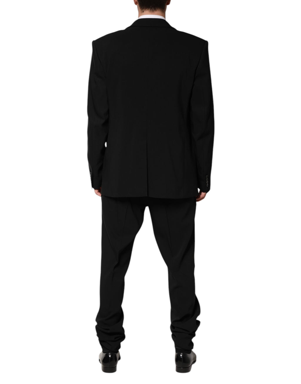 Costume homme Dolce & Gabbana en coton noir à deux boutons, costume deux pièces à boutonnière simple, élégant et classique.