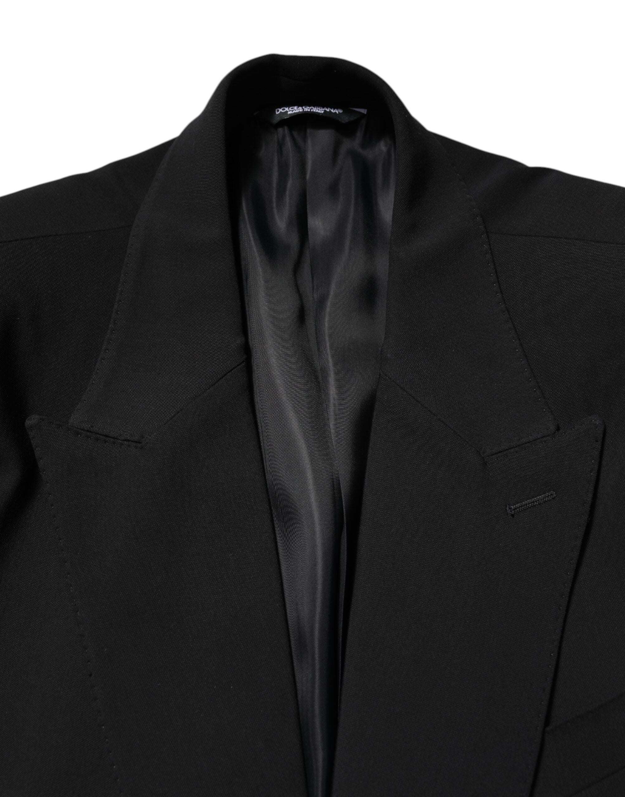 Costume deux pièces noir en coton Dolce & Gabbana, veste à boutonnage simple et pantalon assorti, élégant et moderne.