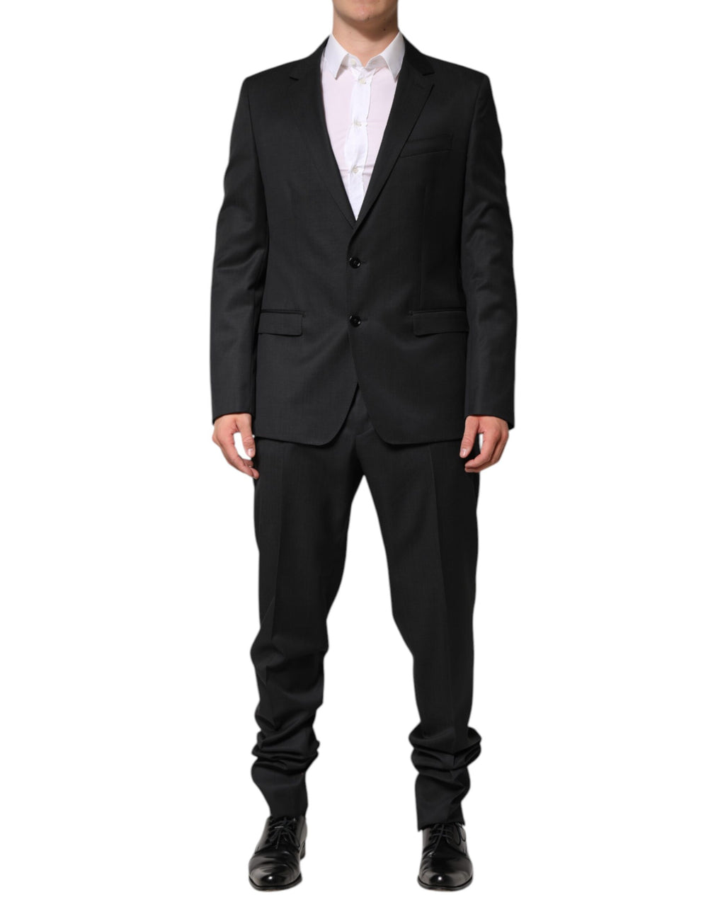 Costume deux pièces en laine gris foncé Dolce & Gabbana, veste croisée à un bouton et pantalon assorti, élégant et sophistiqué.