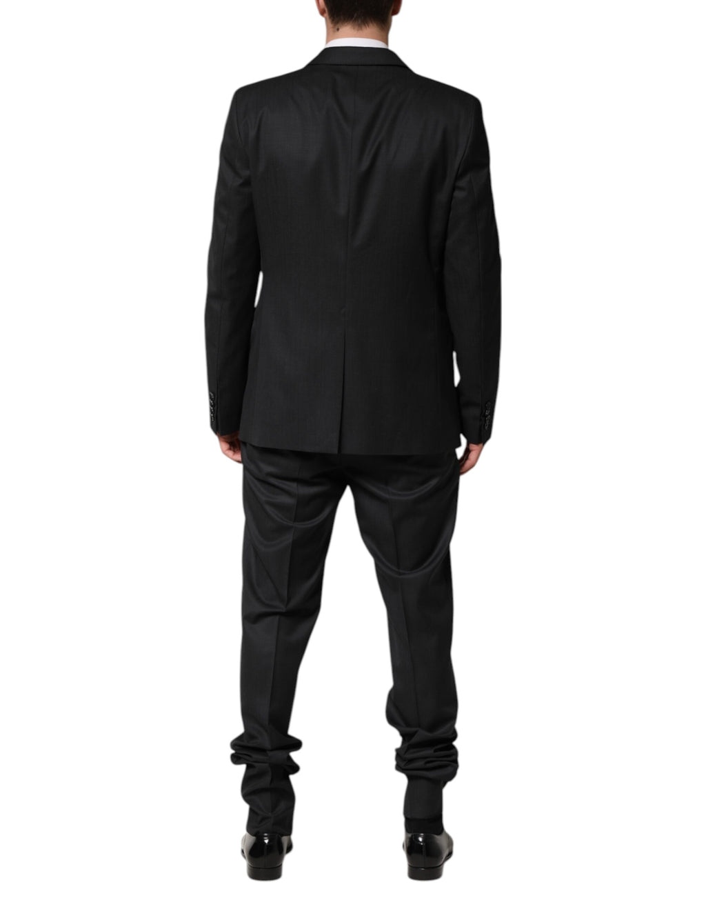 Costume homme Dolce & Gabbana en laine gris foncé à deux pièces, veste croisée simple boutonnage, élégant et classique.