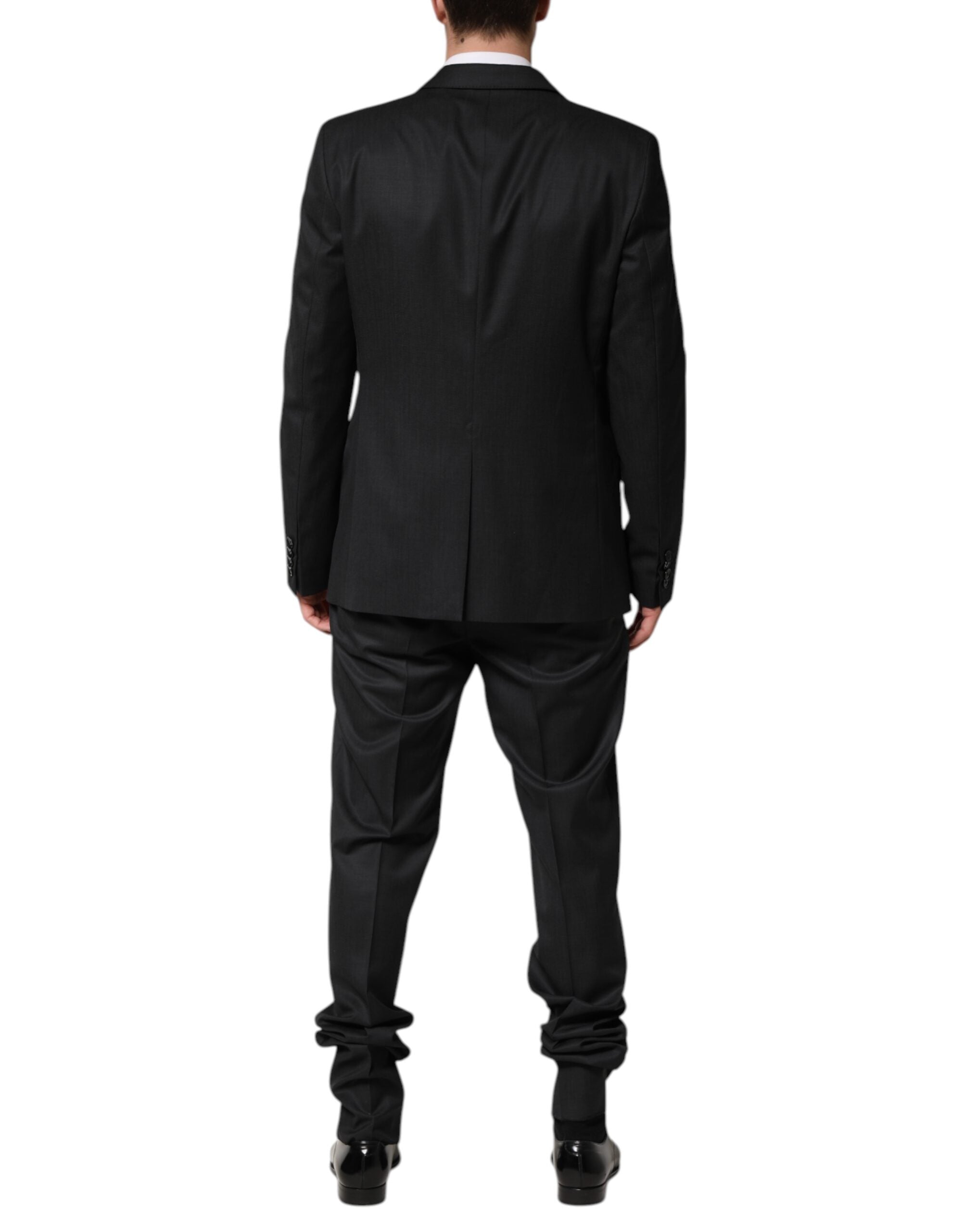 Costume homme Dolce & Gabbana en laine gris foncé à deux pièces, veste croisée simple boutonnage, élégant et classique.