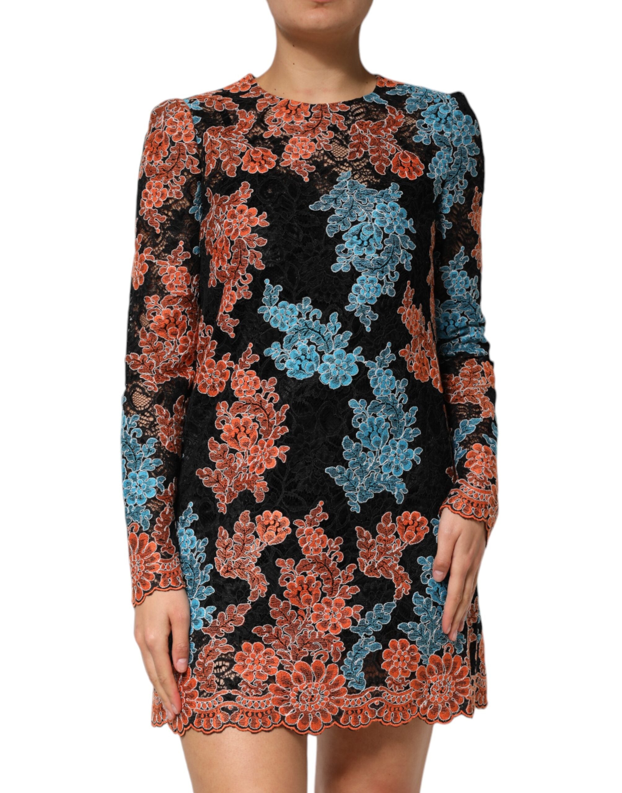 Robe courte à coton Dolce & Gabbana avec broderie florale multicolore et design shift, élégante et colorée.
