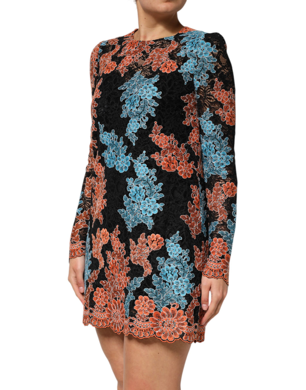 Robe courte Dolce & Gabbana à fleurs multicolores avec broderie florale, style shift, tissu léger et élégant.