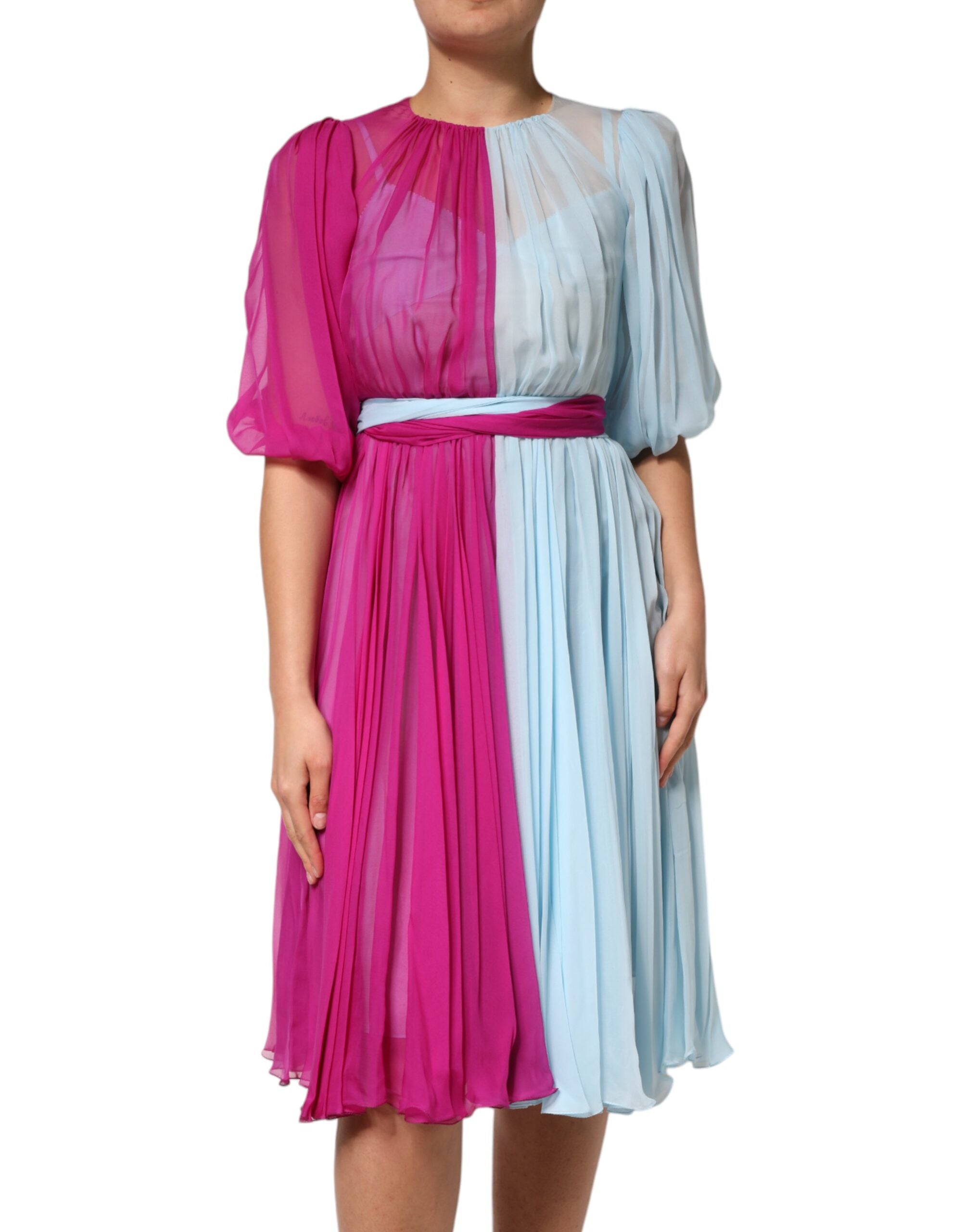Robe midi en soie bicolore fuchsia et bleu clair de Dolce & Gabbana, élégant vêtement pour femmes.