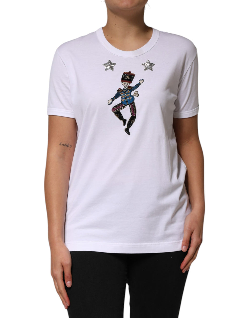 T-shirt blanc Dolce & Gabbana en coton avec sequins et embellissements, vue de face.