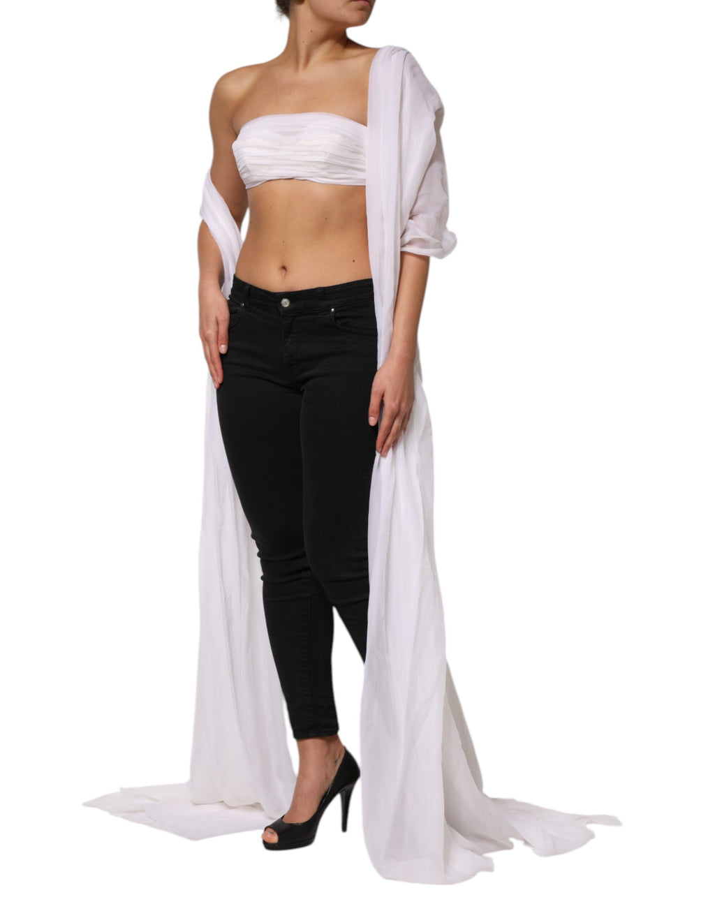Bustier blanc Dolce & Gabbana en chiffon, haut court et corset ajusté avec détails élégants visible sur l'image.