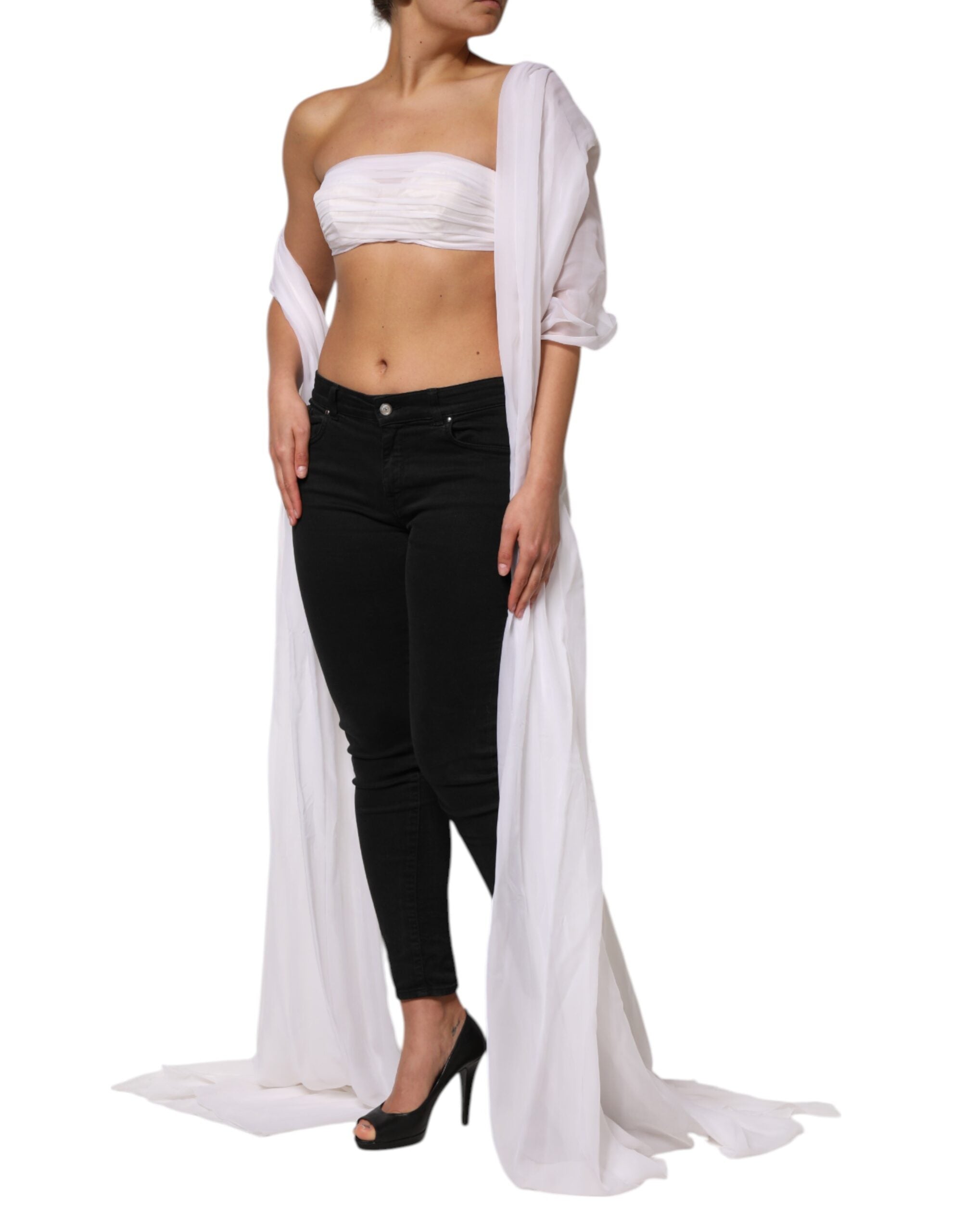 Bustier blanc Dolce & Gabbana en chiffon, haut court et corset ajusté avec détails élégants visible sur l'image.