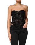 Bustier court noir en dentelle florale sans bretelles de Dolce & Gabbana, détail élégant et texture raffinée visible.