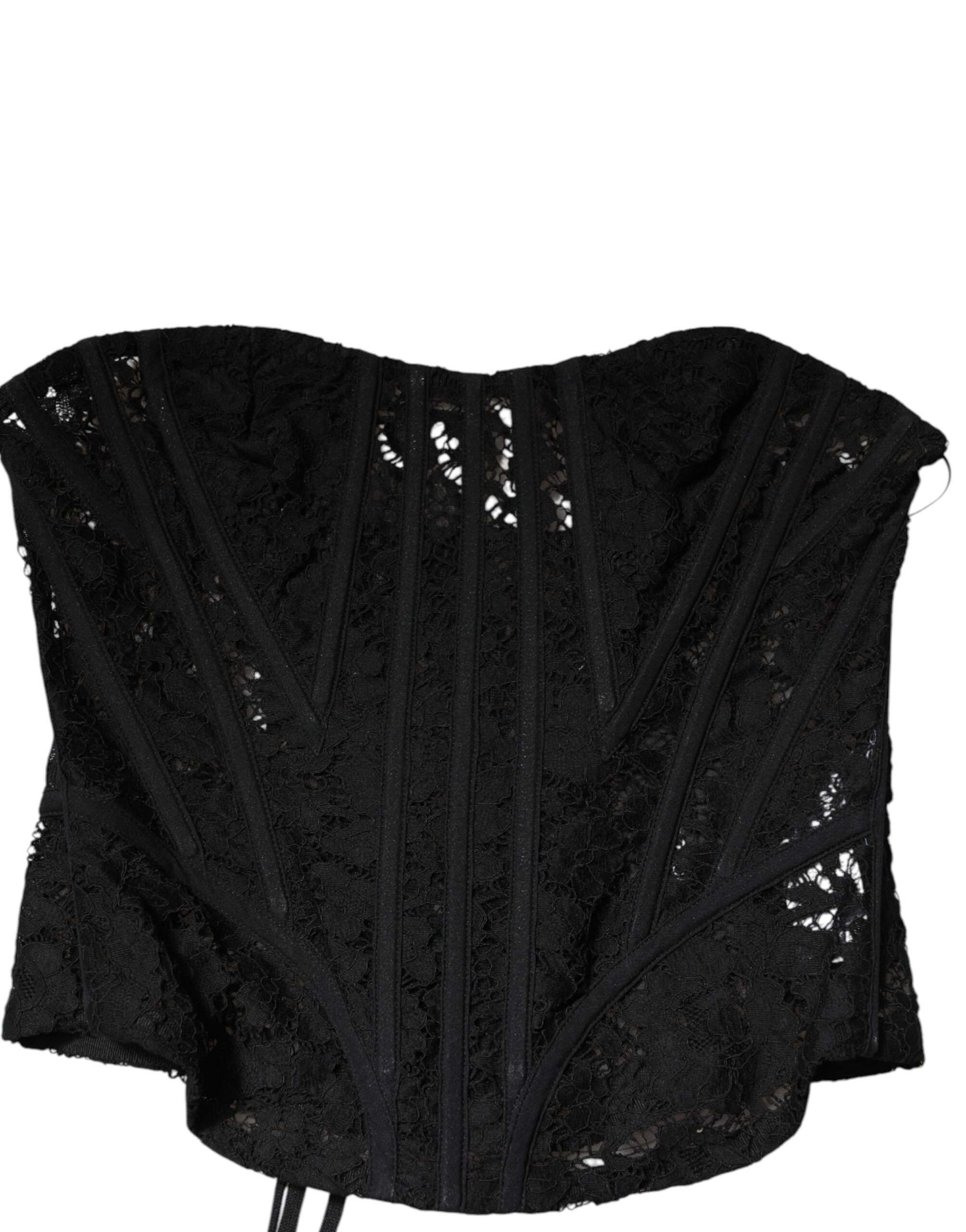 Bustier noir sans bretelles Dolce & Gabbana en dentelle florale et coupe courte, détails élégants et sophistiqués visible sur l'image.