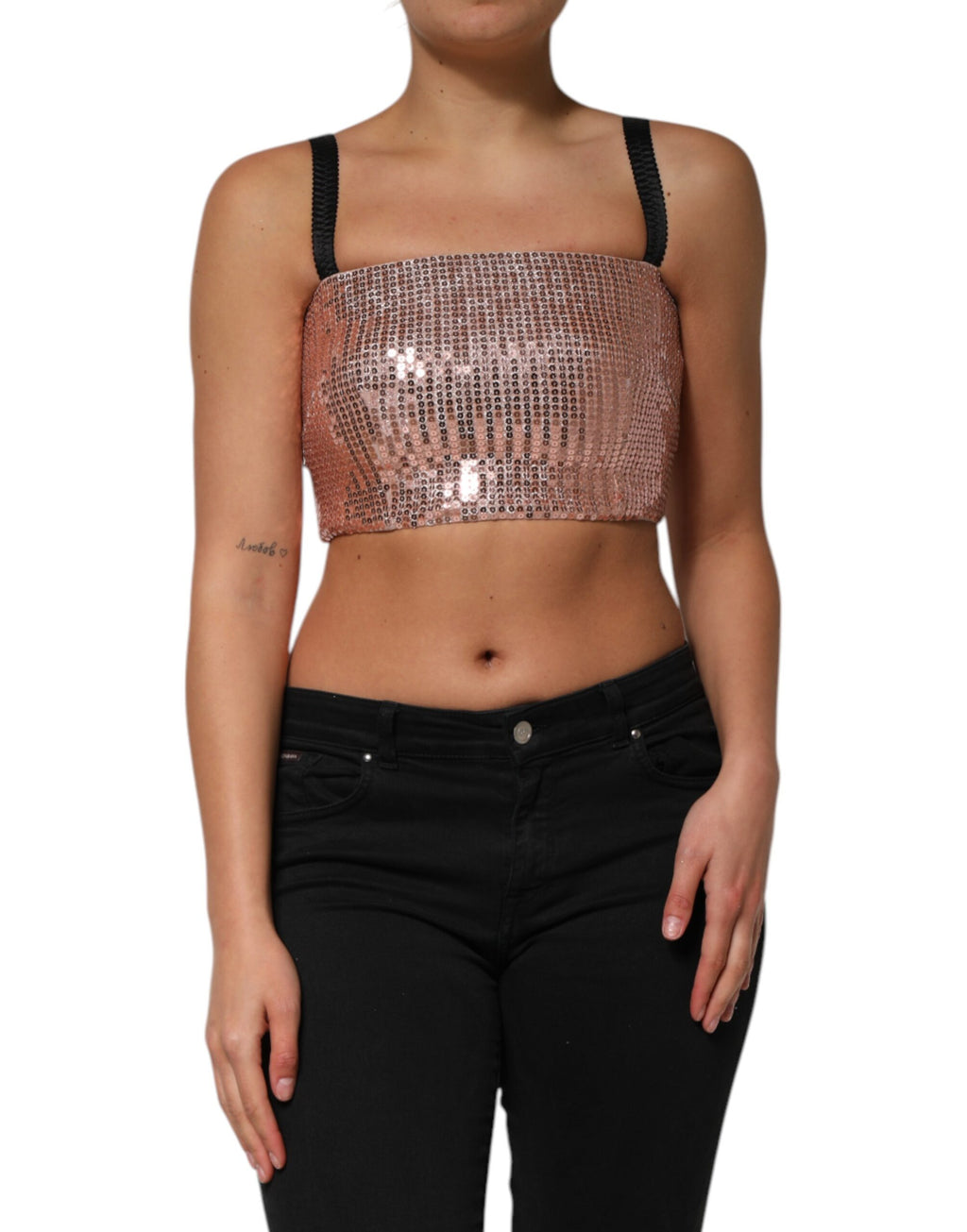 Top court en nylon rose à sequins sans manches de Dolce & Gabbana, cropped, élégant et brillant.