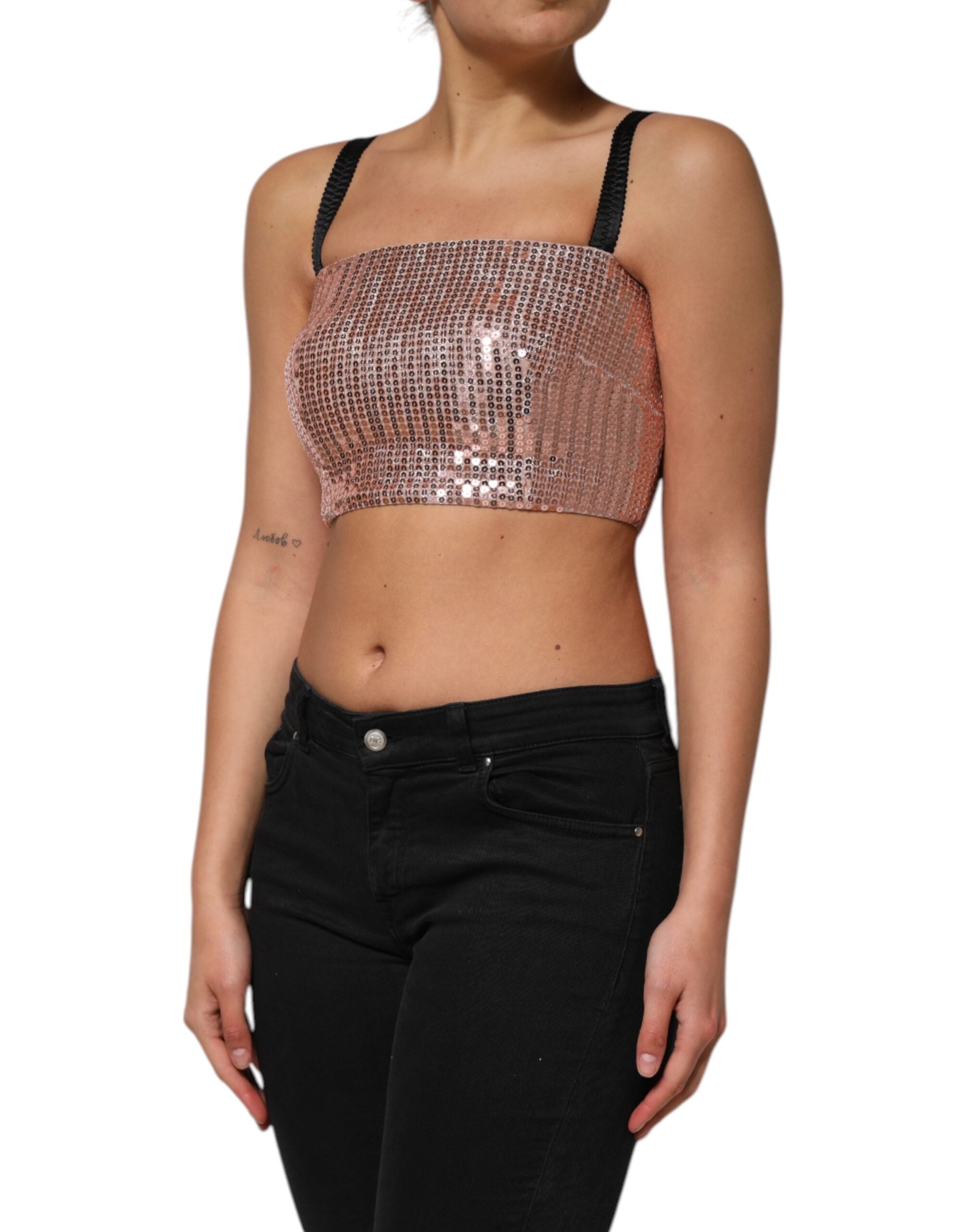 Top court sans manches en nylon rose à sequins de Dolce & Gabbana, cropped style et détails brillants.