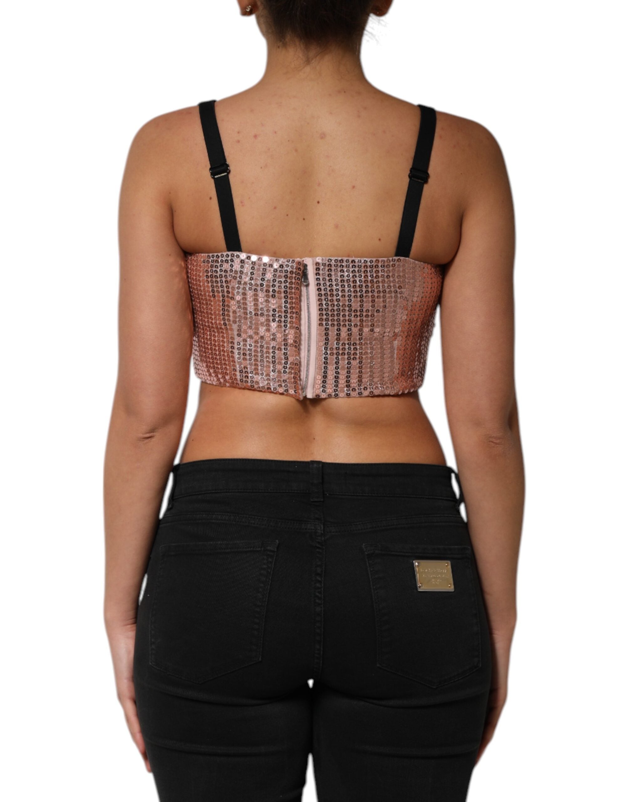 Top sans manches en nylon rose à sequins de Dolce & Gabbana, coupe courte et style élégant.