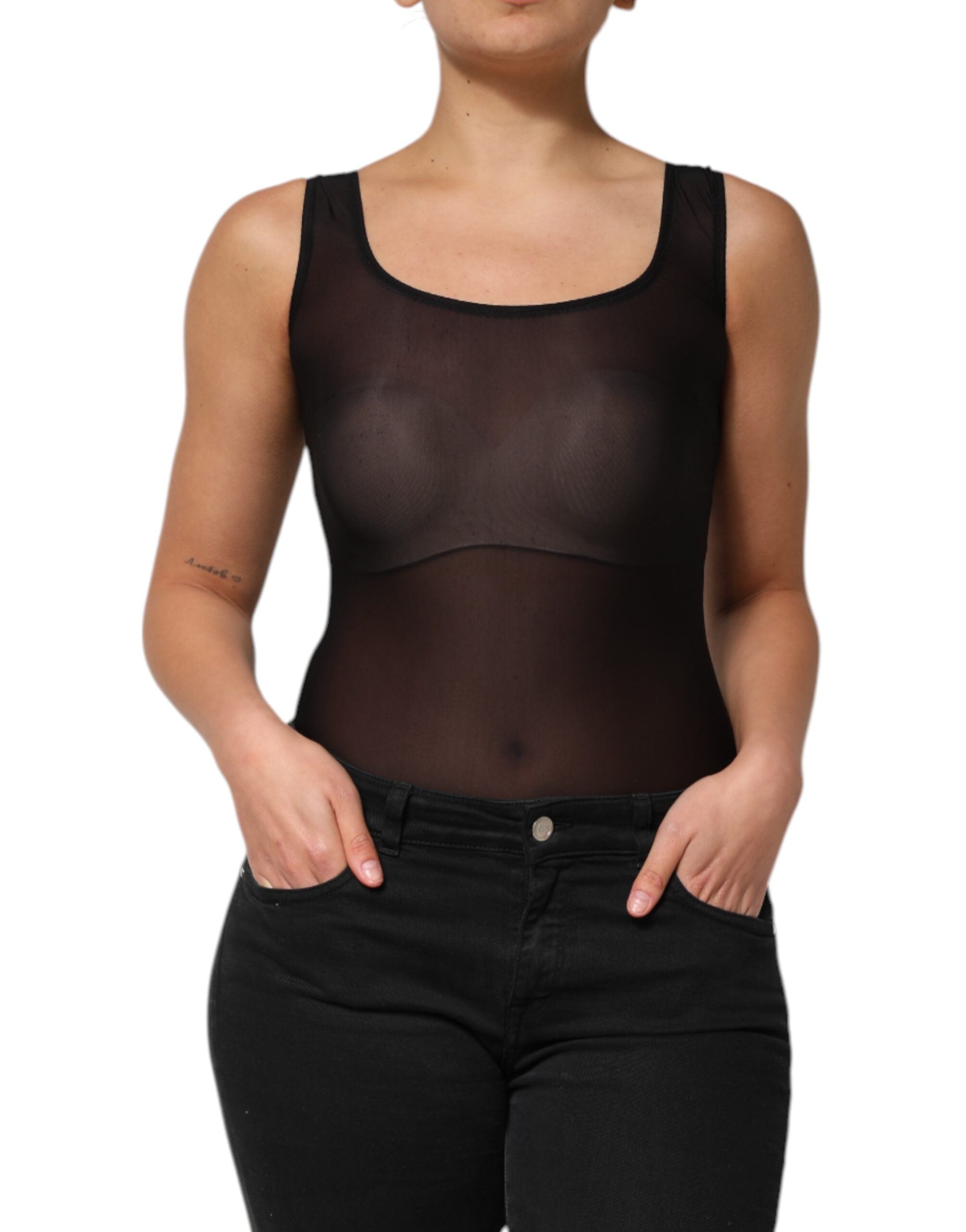 Débardeur noir en nylon sans manches Dolce & Gabbana avec col rond, visible en gros plan sur l'image.