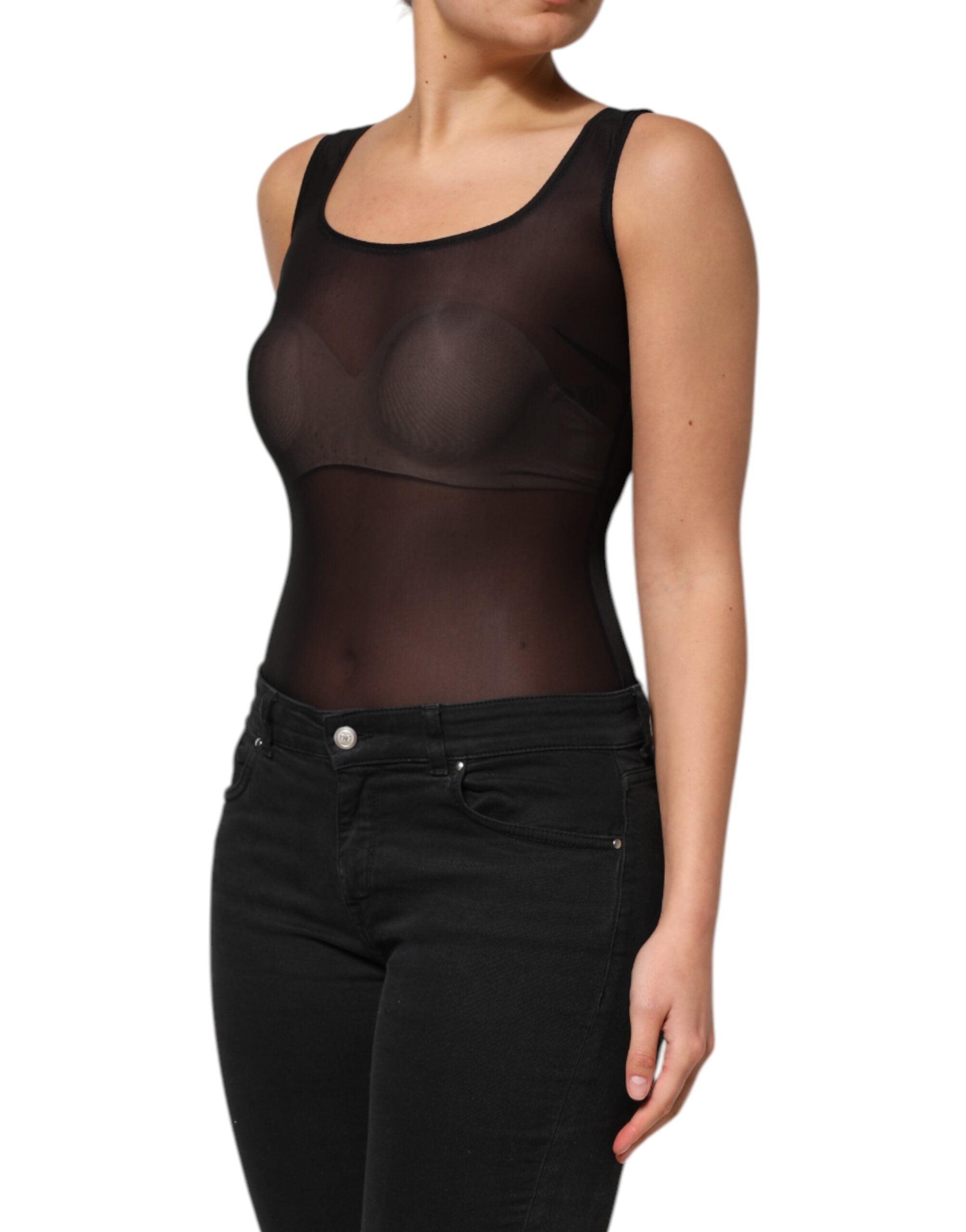 Débardeur noir en nylon sans manches Dolce & Gabbana avec col rond, visible en détail sur l'image.