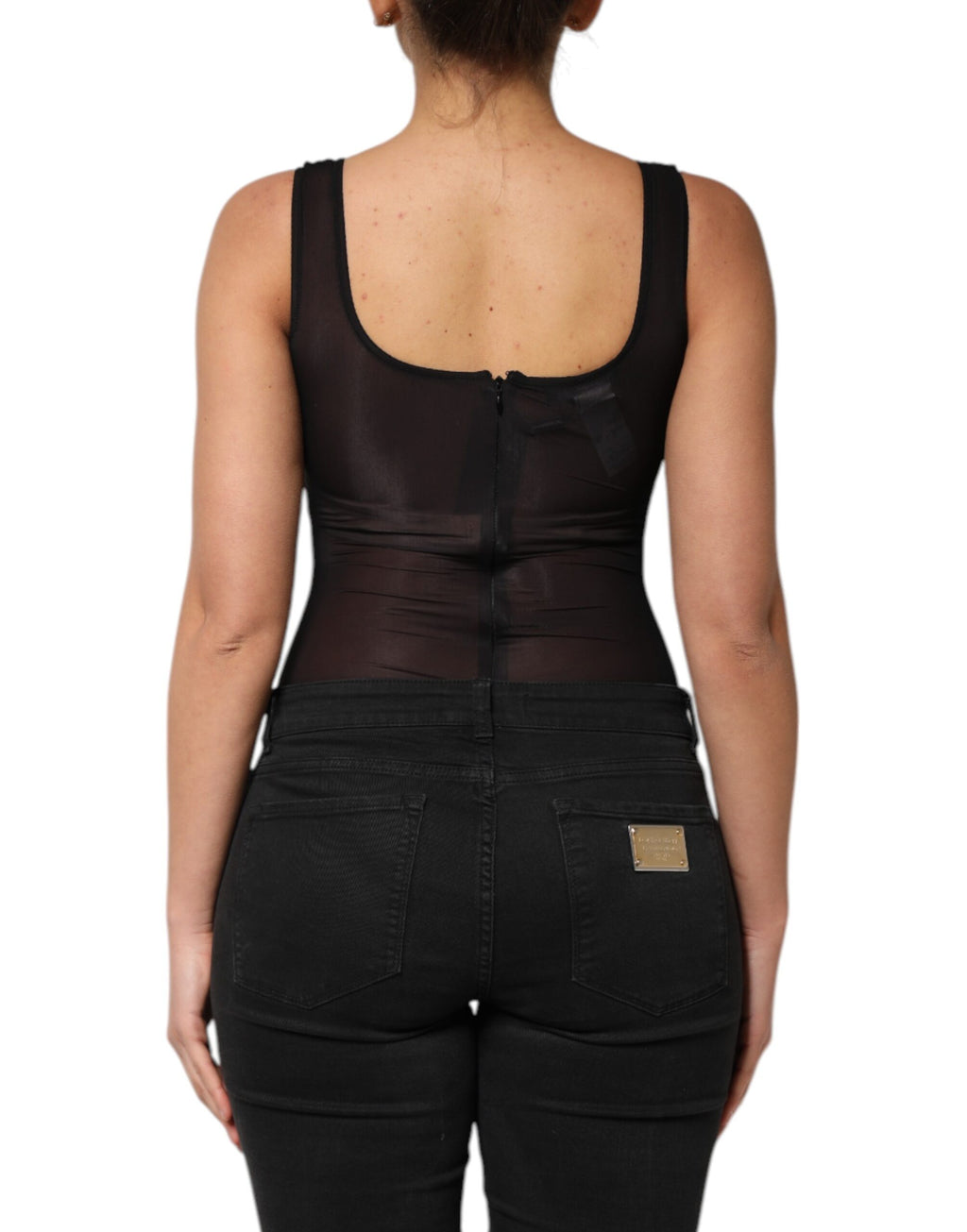 T-shirt sans manches noir en nylon de Dolce & Gabbana avec col rond, vue de face.