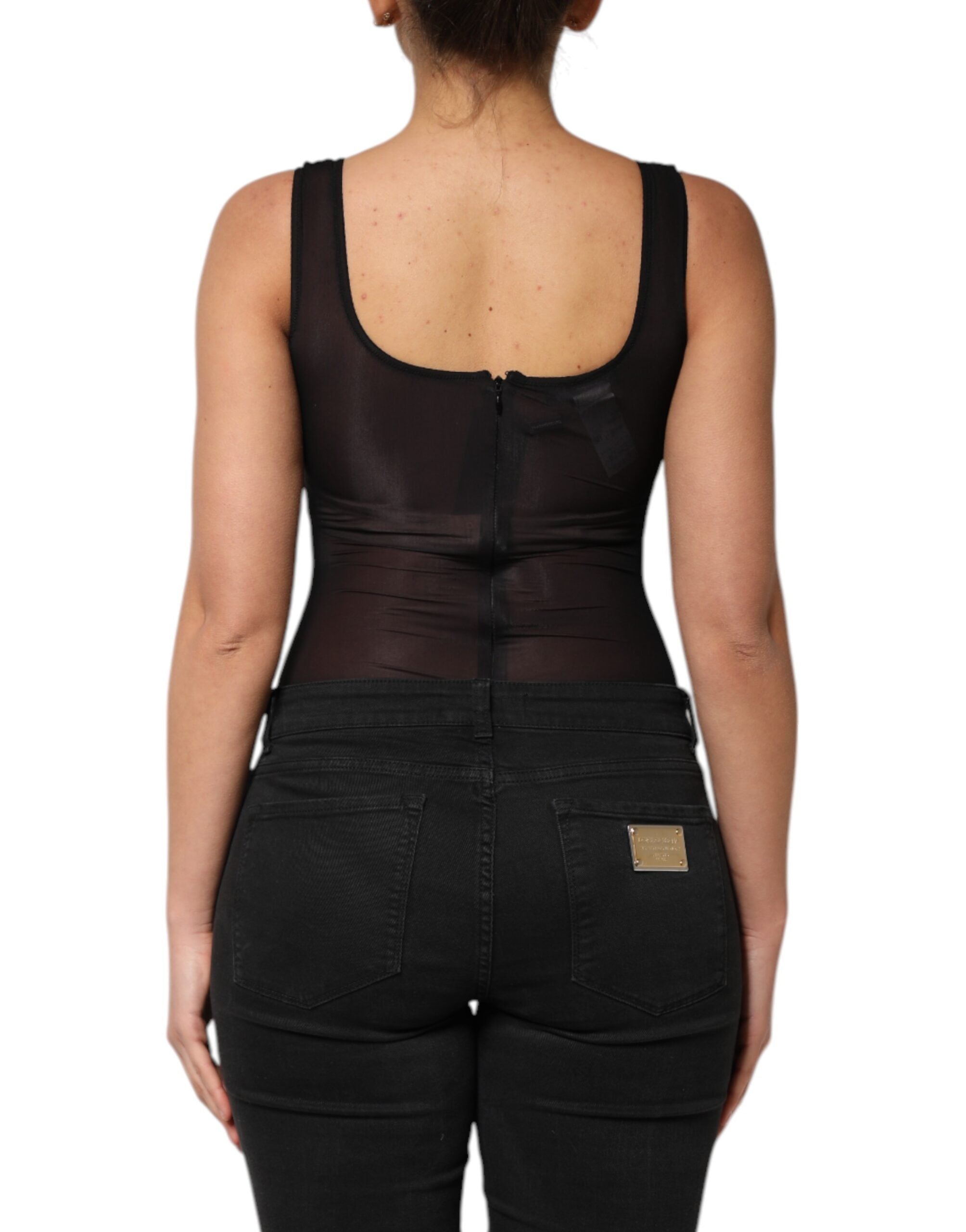 T-shirt sans manches noir en nylon de Dolce & Gabbana avec col rond, vue de face.