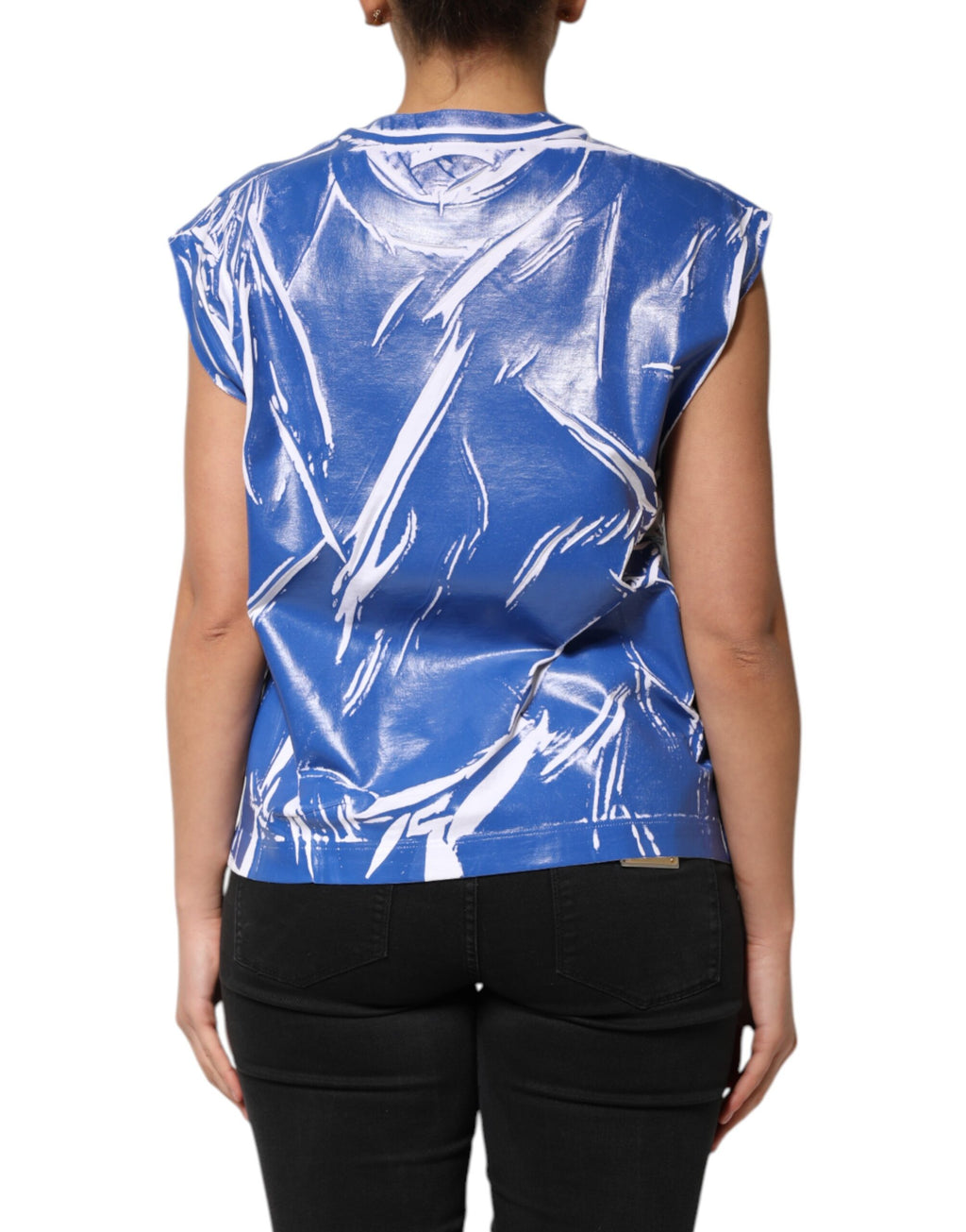 Tank top pour femmes Dolce & Gabbana en coton blanc et bleu avec logo et plaque, style décontracté et élégant.