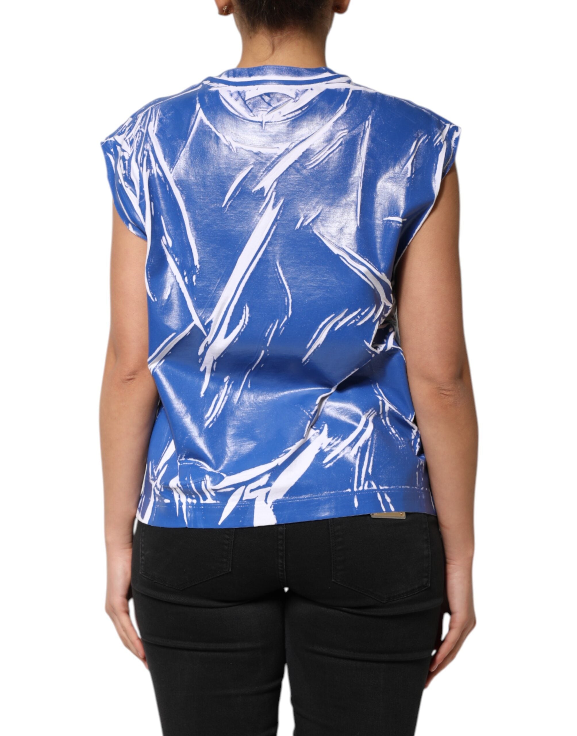 Tank top pour femmes Dolce & Gabbana en coton blanc et bleu avec logo et plaque, style décontracté et élégant.