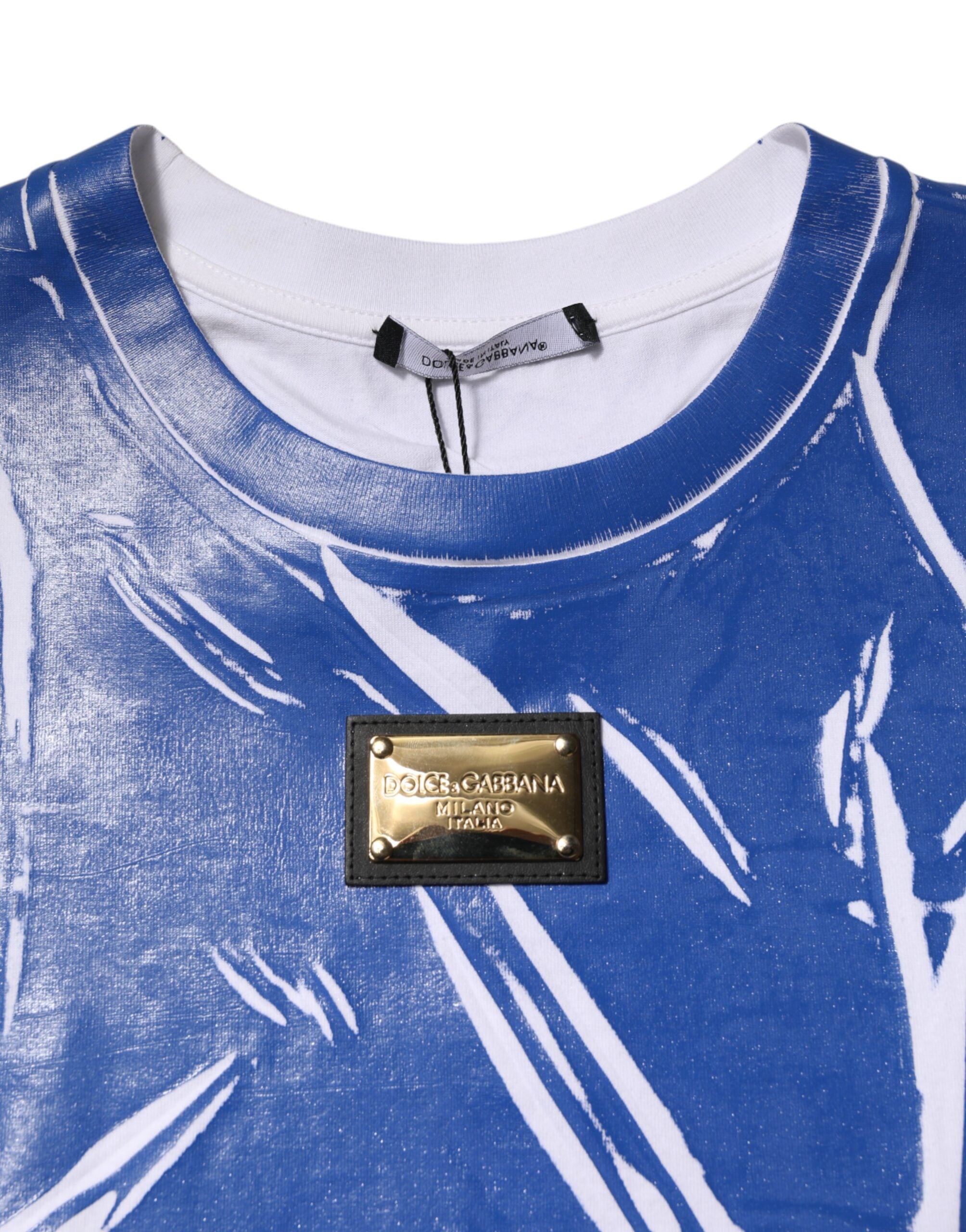 Débardeur femme Dolce & Gabbana en coton bleu et blanc avec logo et plaque, style décontracté et élégant.