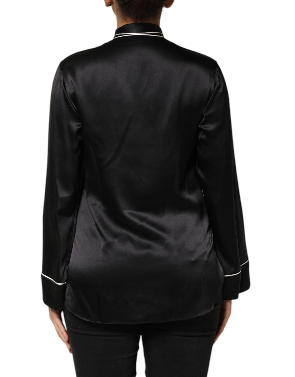 Chemise Dolce & Gabbana en soie noire avec col ascot et boutons, élégante blouse à col montant pour femme.