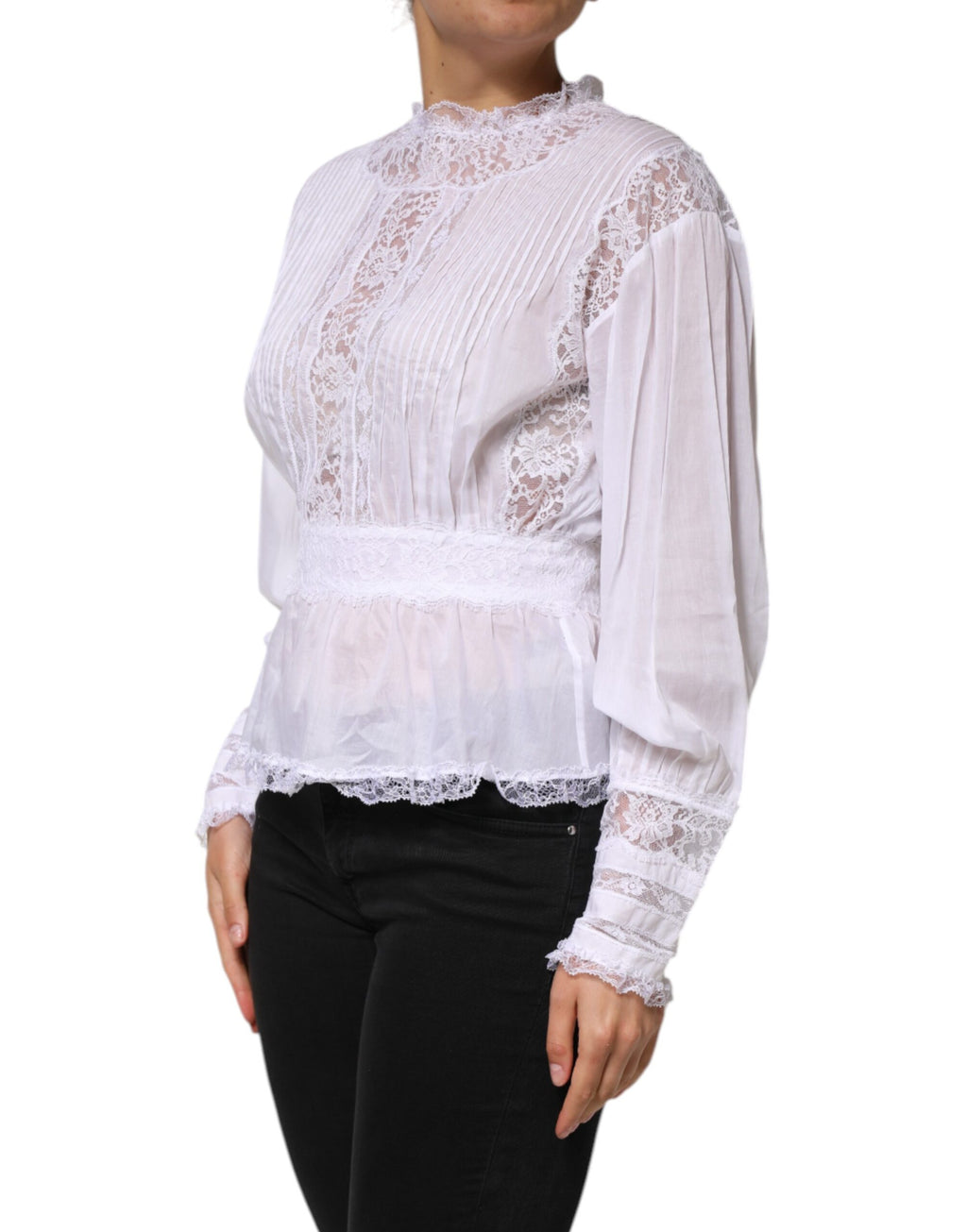 Haut en coton blanc à manches longues avec broderie florale en dentelle de Dolce & Gabbana.