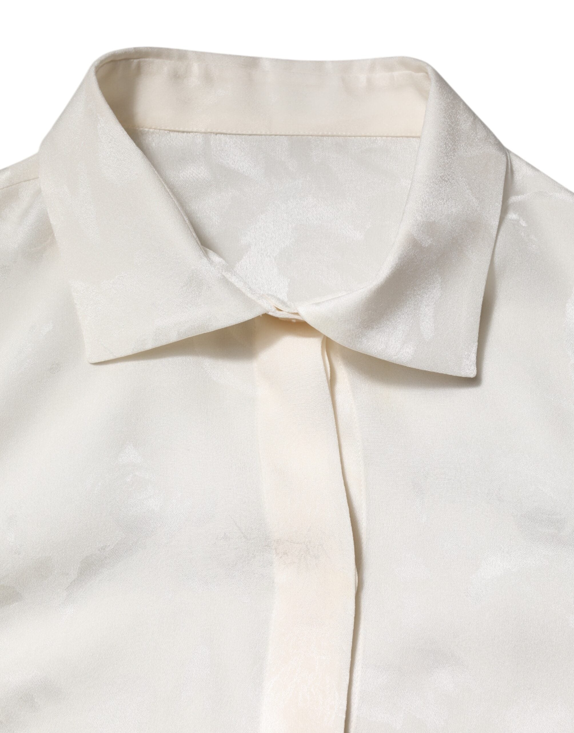 Chemise blanche en soie à manches longues et col Dolce & Gabbana, vue de face.