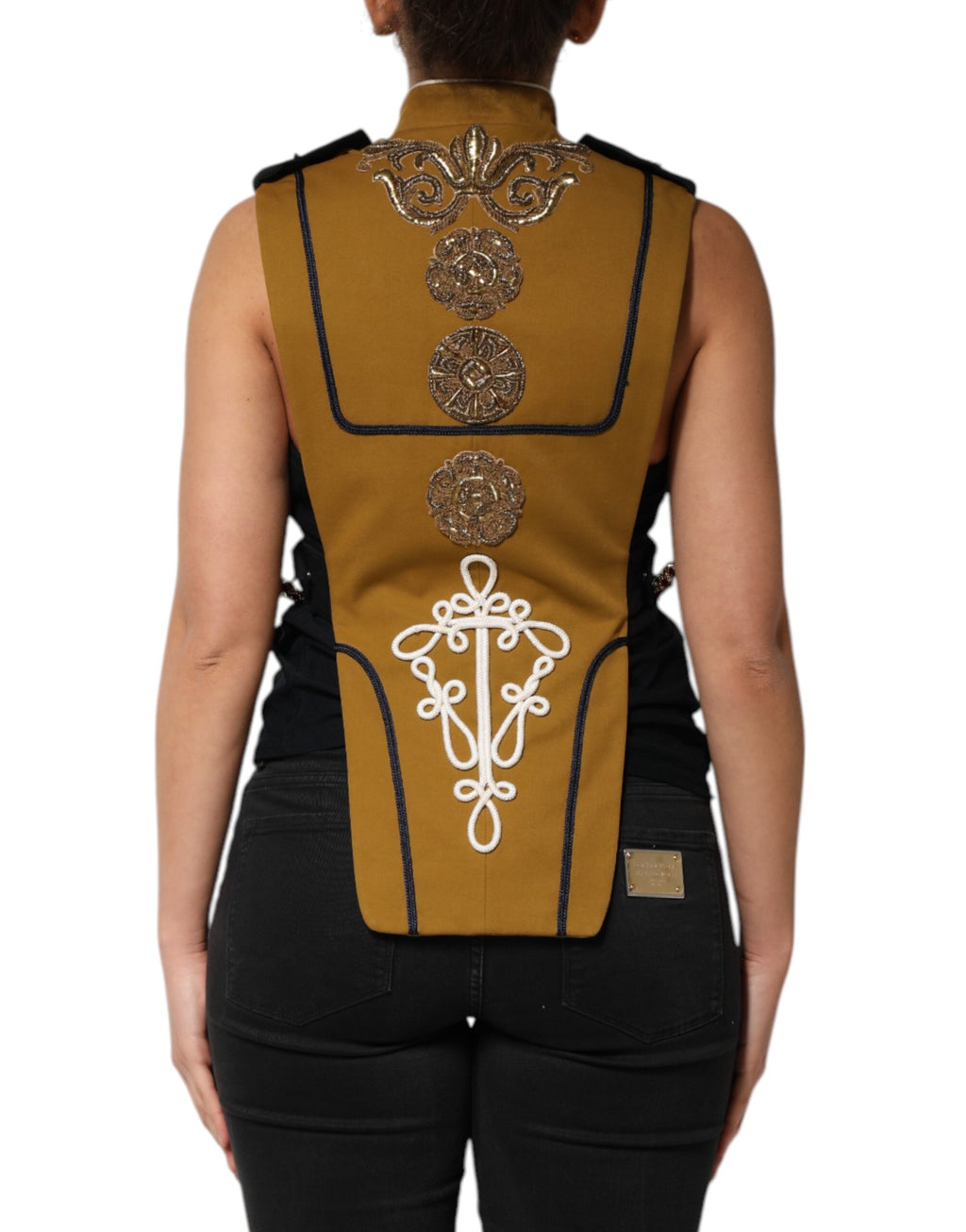 Veste sans manches Dolce & Gabbana jaune ornée de cristaux, style croix sur le devant, veste de défilé de mode.