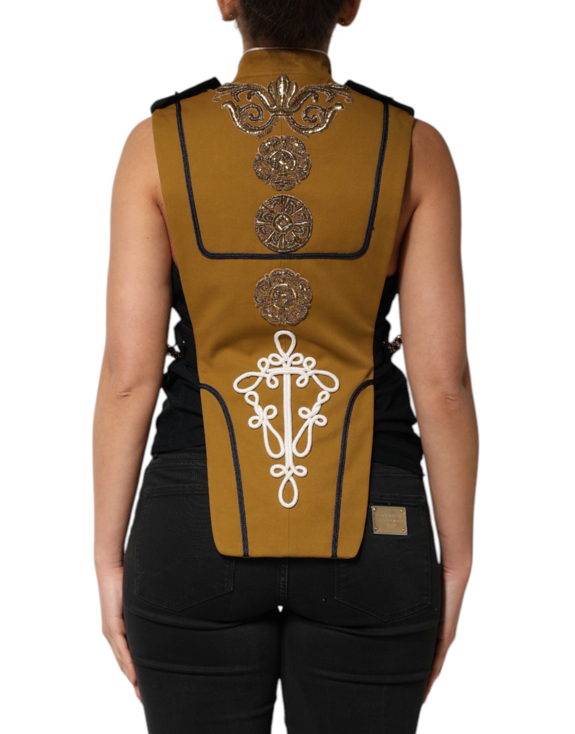 Veste sans manches Dolce & Gabbana jaune ornée de cristaux, style croix sur le devant, veste de défilé de mode.