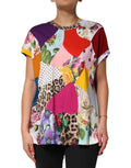 Chemisier Dolce & Gabbana en coton et soie à patchwork multicolore, détails élégants et tissu fluide visible sur l'image.
