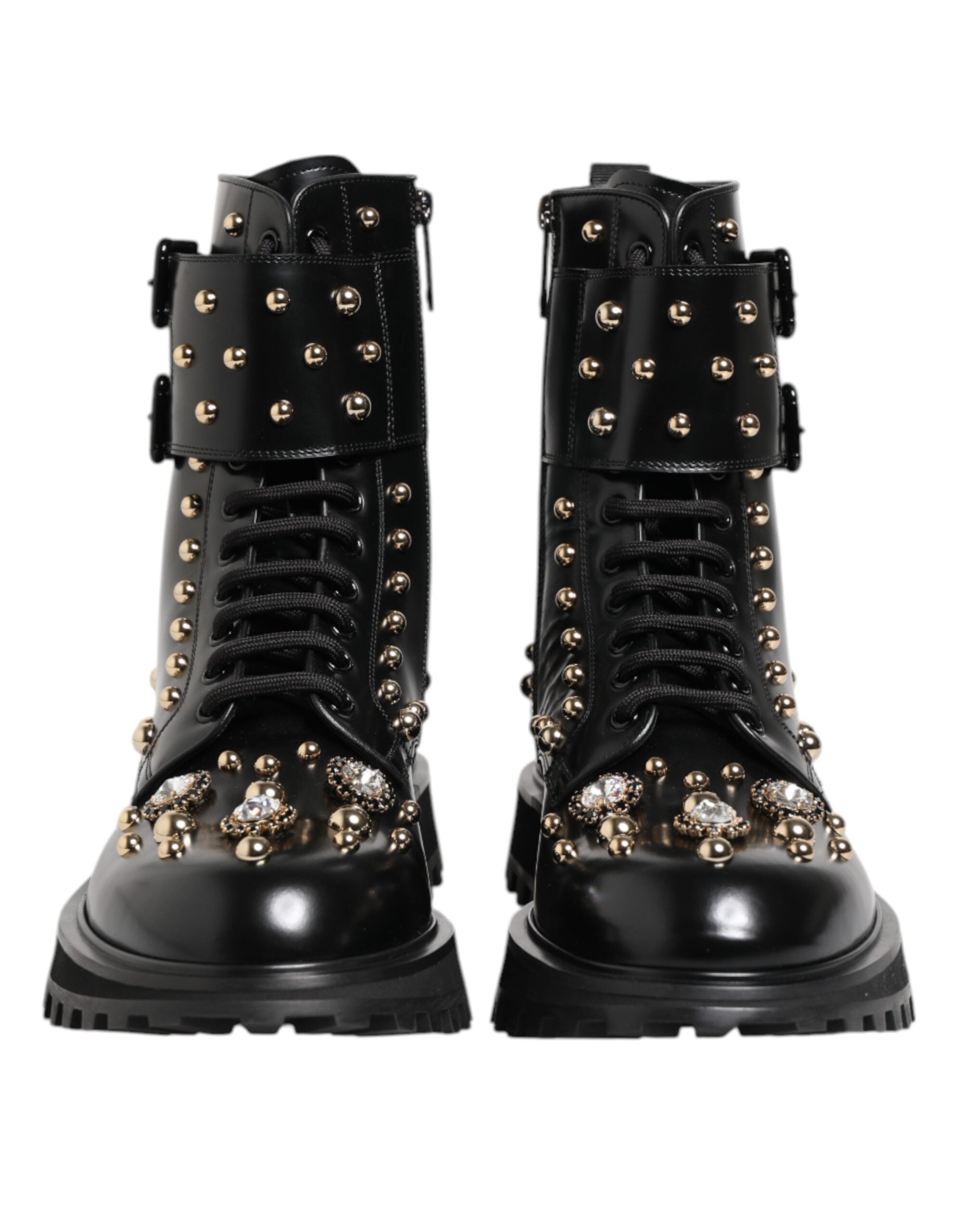 Bottes mi-mollet Dolce & Gabbana noires à clous, lacets, en dentelle, style élégant et tendance.