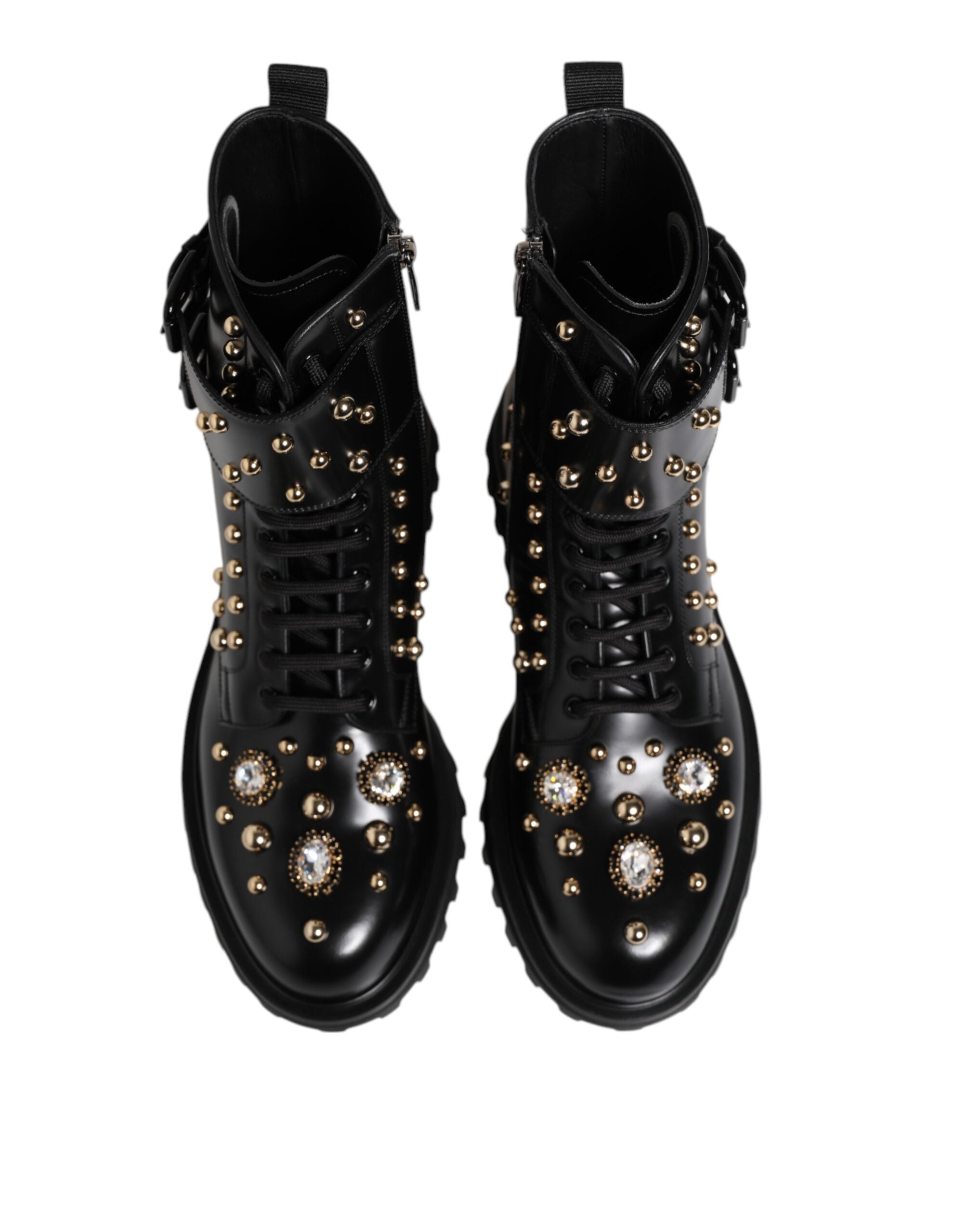 Bottes mi-mollet noires Dolce & Gabbana en dentelle avec clous, lacets et talon.