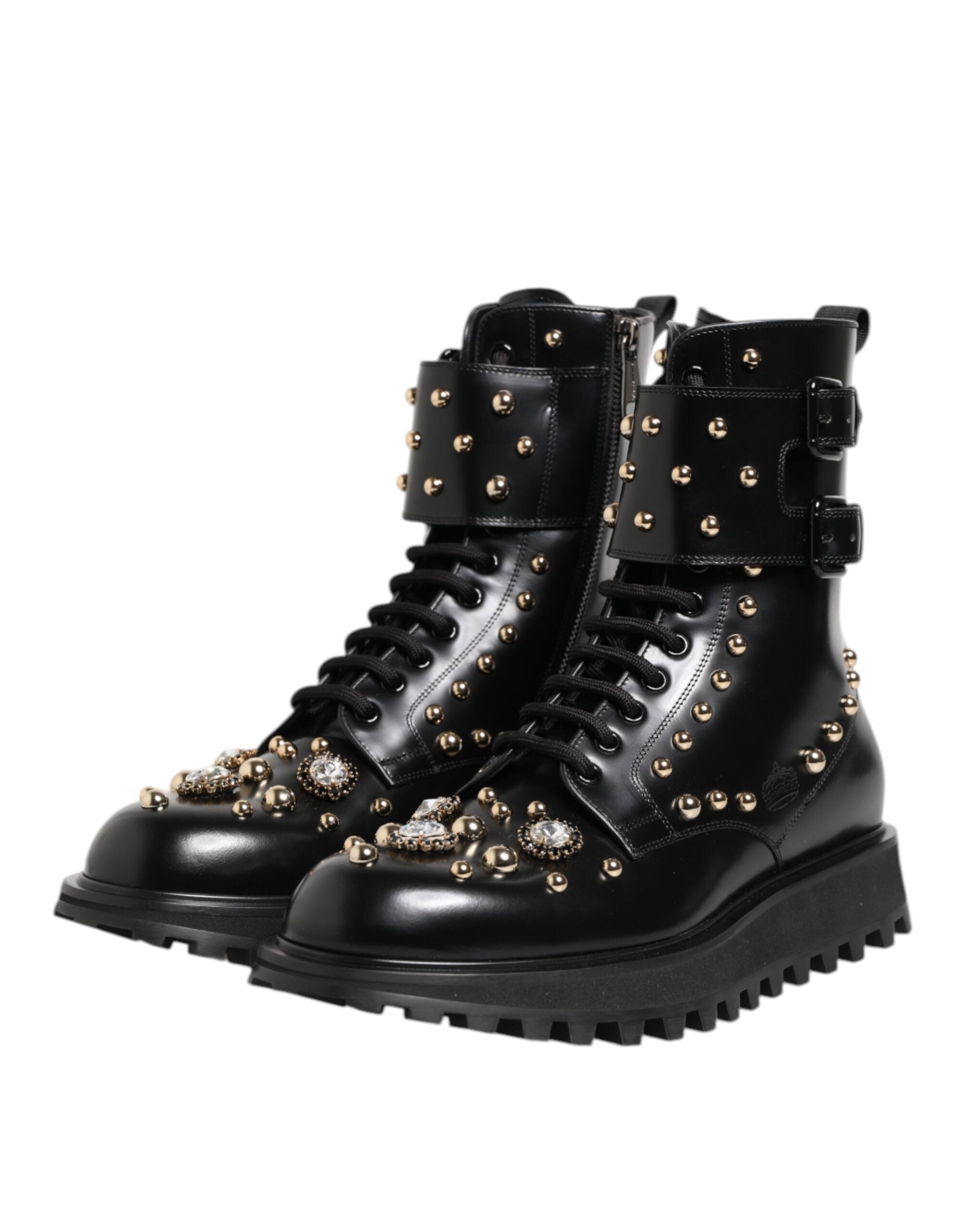 Bottes noires Dolce & Gabbana à clous, lacées, mi-mollet, en dentelle, style élégant et tendance.