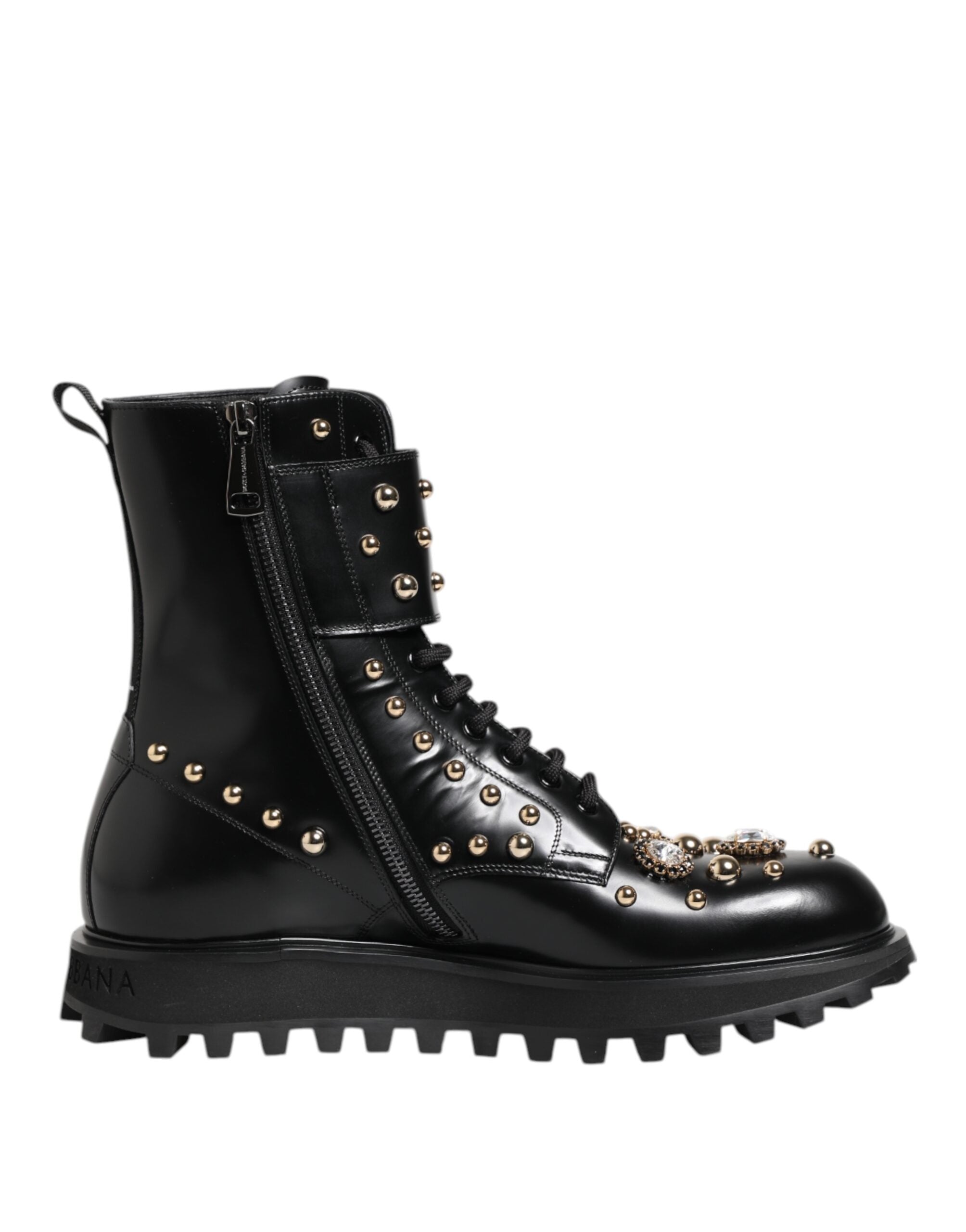 Bottes noires Dolce & Gabbana à clous, lacées, mi-mollet, en dentelle, avec détails élégants et style sophistiqué.