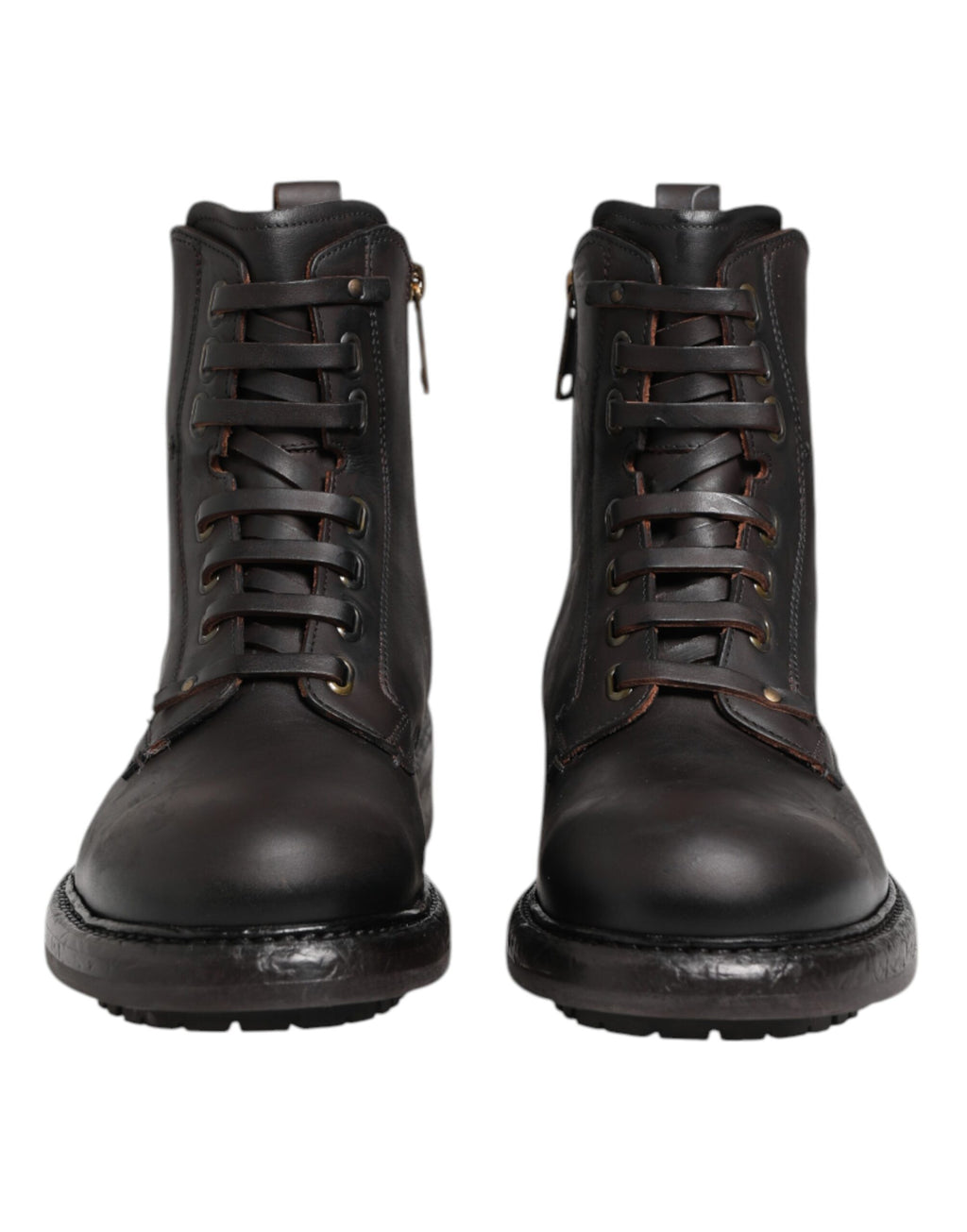 Bottes en cuir marron foncé de mi-mollet Dolce & Gabbana avec lacets et semelle solide, style élégant et sophistiqué.