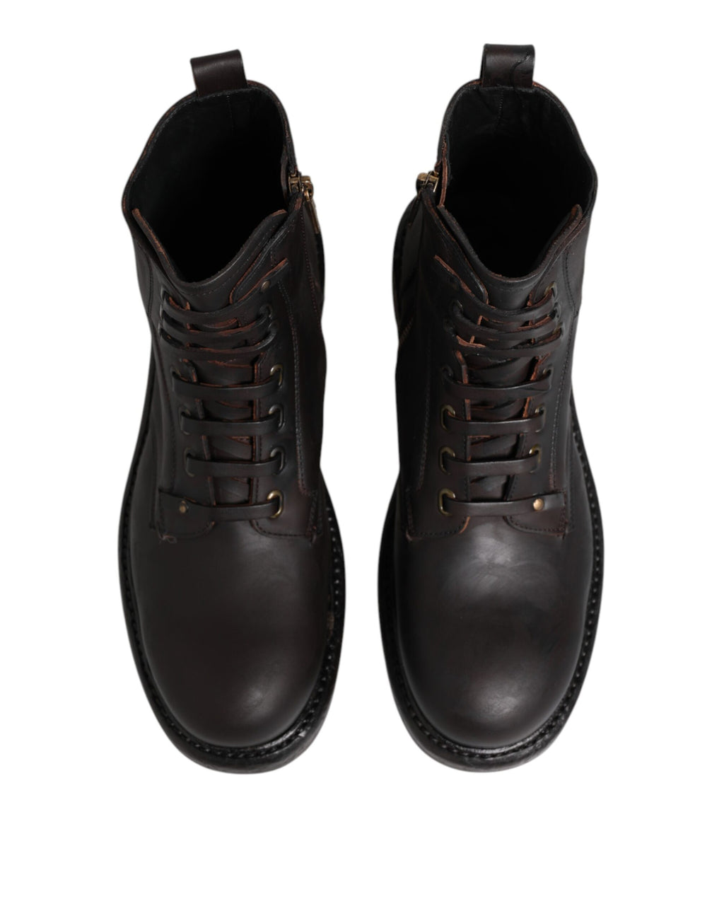 Bottes en cuir marron foncé Dolce & Gabbana, à lacets et mi-mollet, avec une semelle robuste et un design élégant.