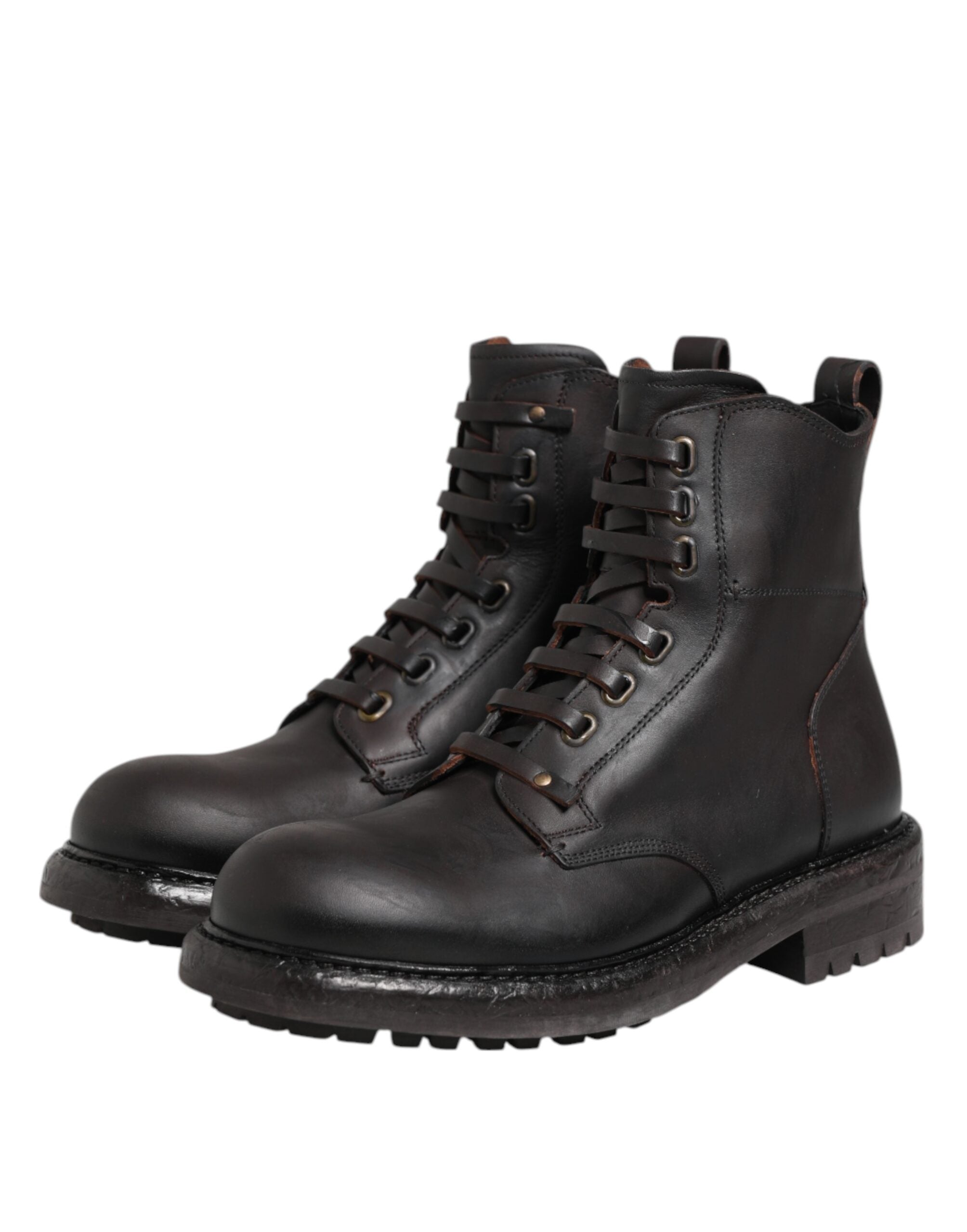 Bottes mi-mollet en cuir marron foncé Dolce & Gabbana avec lacets, style élégant et finition de haute qualité.