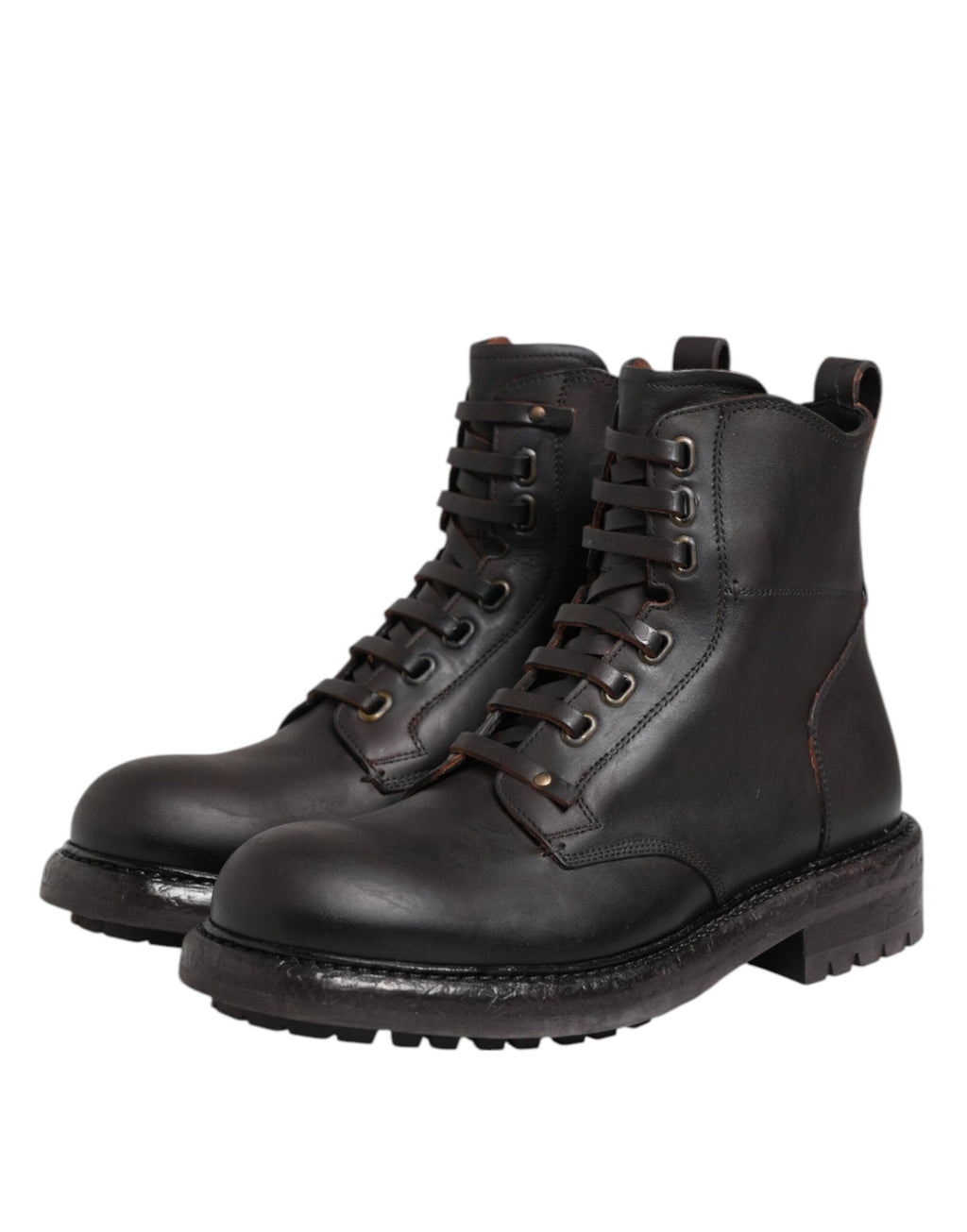 Bottes en cuir marron foncé Dolce & Gabbana, à lacets, mi-mollet, avec semelle en caoutchouc, élégantes et raffinées.