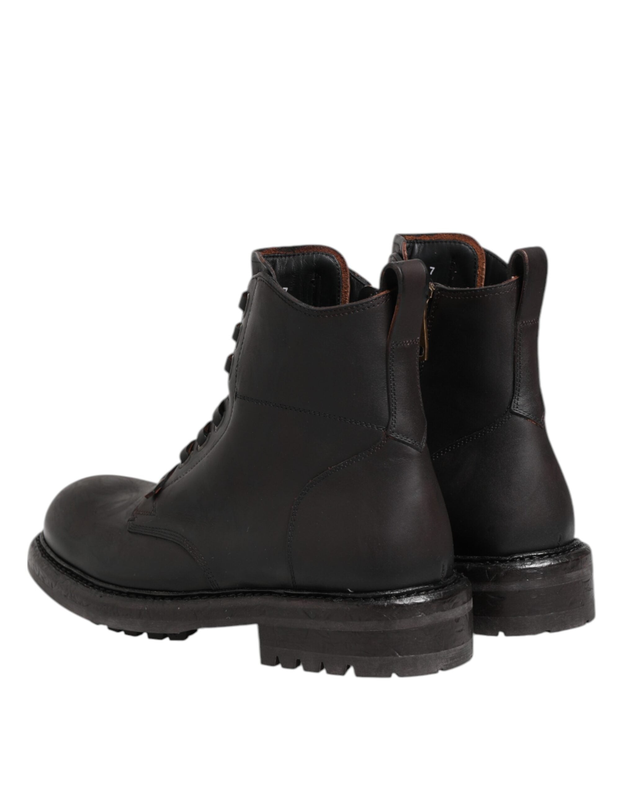 Bottes en cuir marron foncé Dolce & Gabbana, mi-mollet, à lacets, style élégant et sophistiqué, vue de face.