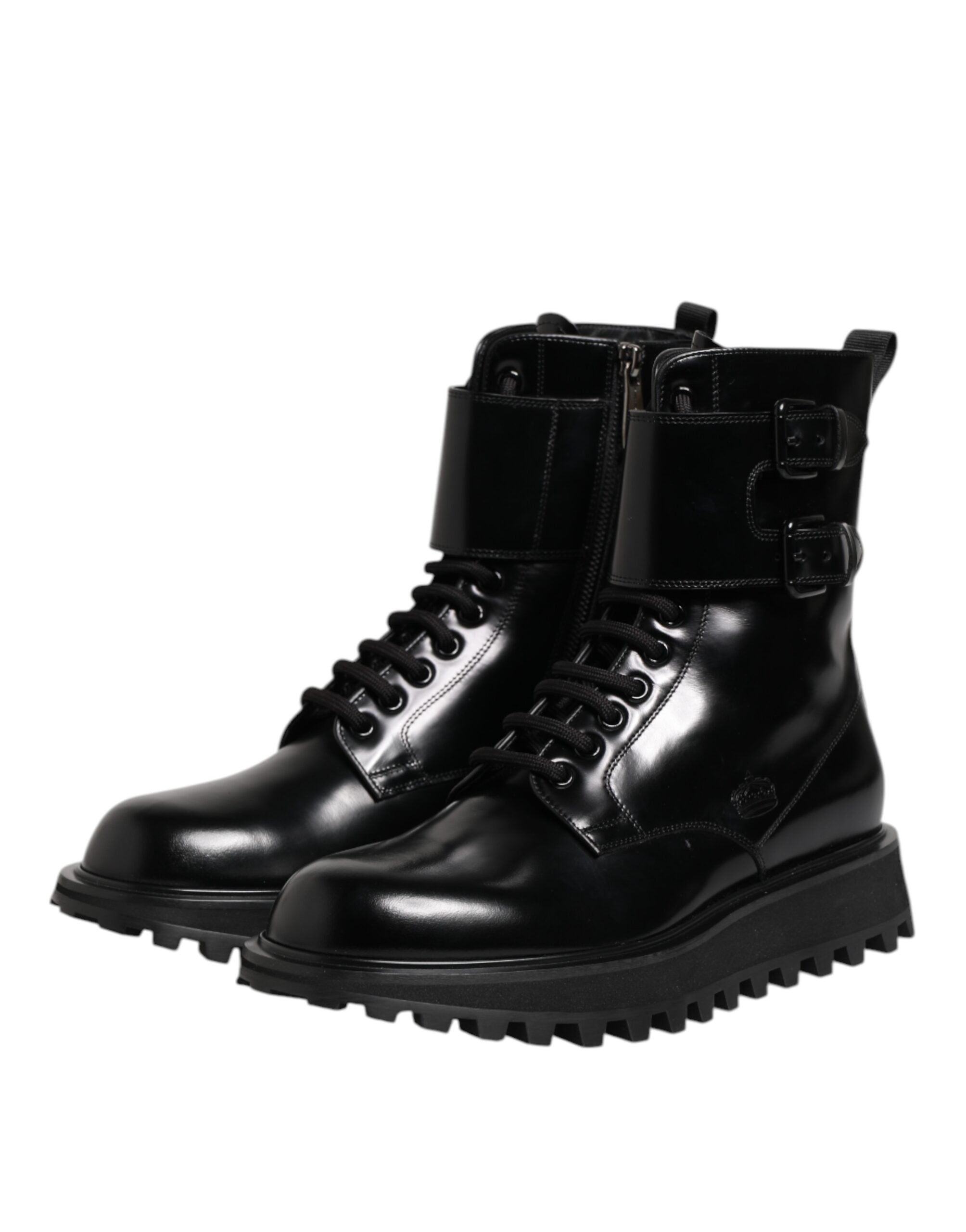 Bottes en cuir noir Dolce & Gabbana, mi-mollet, avec lacets, style élégant et sophistiqué, pour femmes.