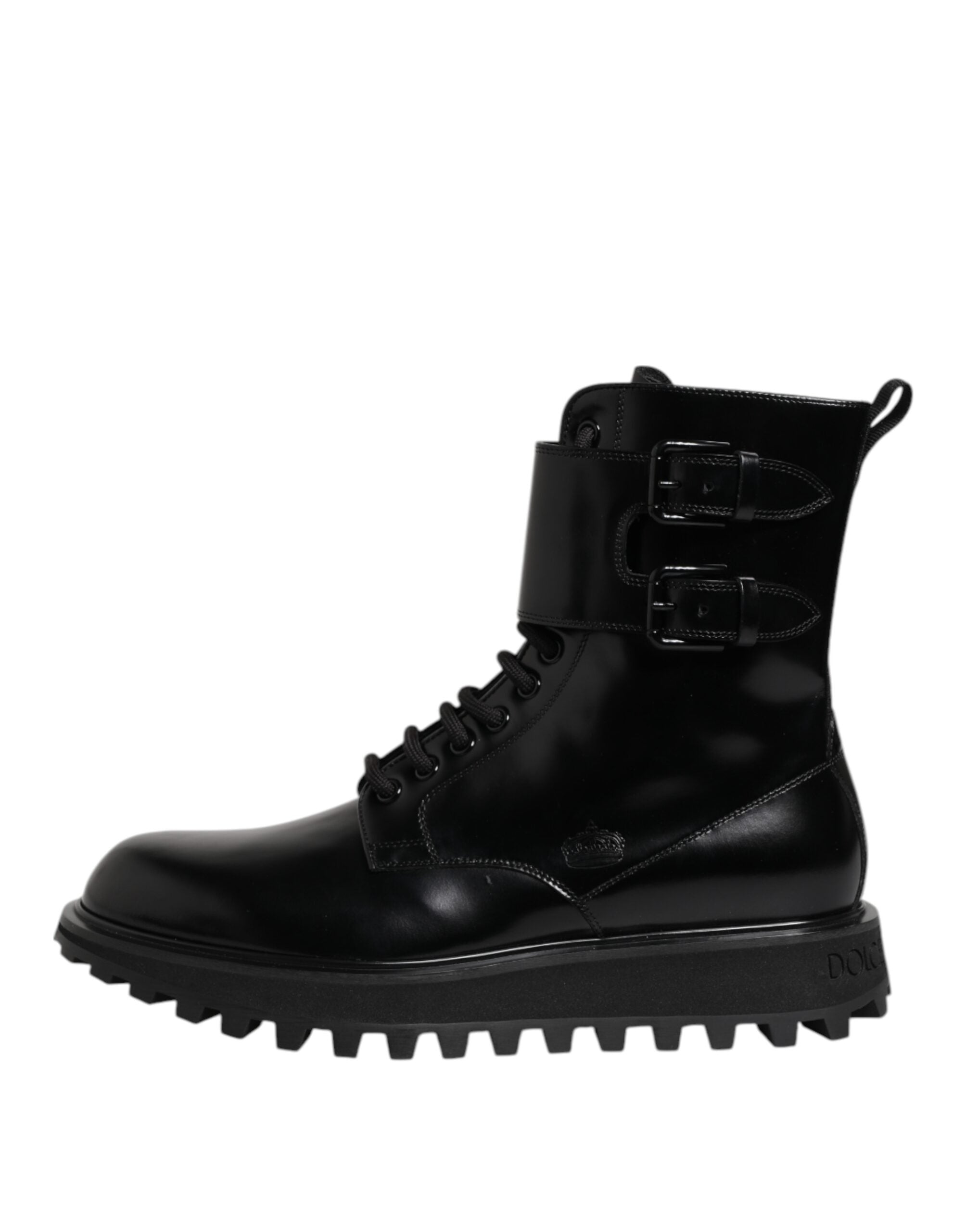 Bottes noires en cuir Dolce & Gabbana, mi-mollet, à lacets, pour femme, avec semelle robuste et design élégant.