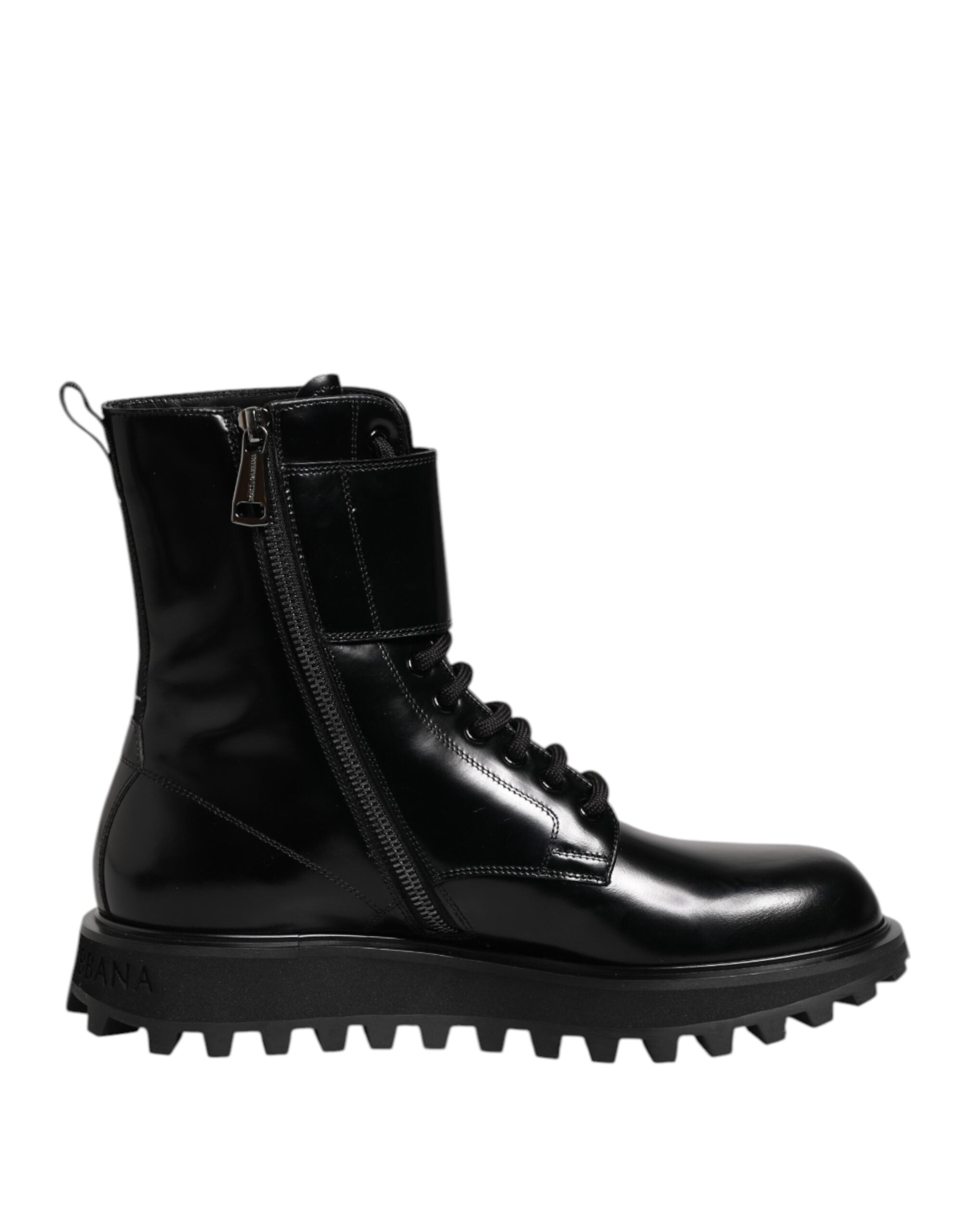 Bottes en cuir noir Dolce & Gabbana à lacets, mi-mollet, avec semelle solide et finition élégante.