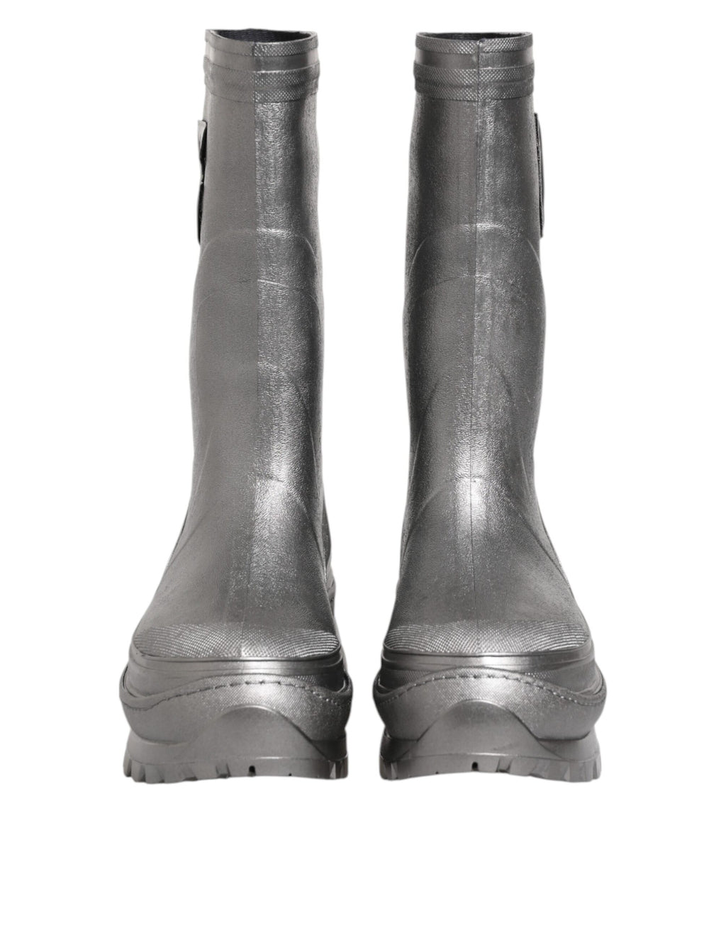 Bottes de pluie en métal argenté Dolce & Gabbana à enfiler, chaussures résistantes à l'eau avec finition brillante.