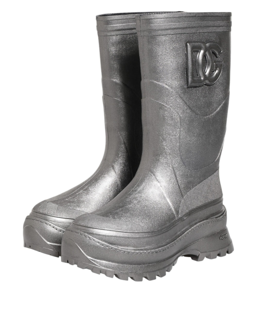 Bottes de pluie en métal argenté Dolce & Gabbana, style à enfiler, avec finition brillante et semelle antidérapante.