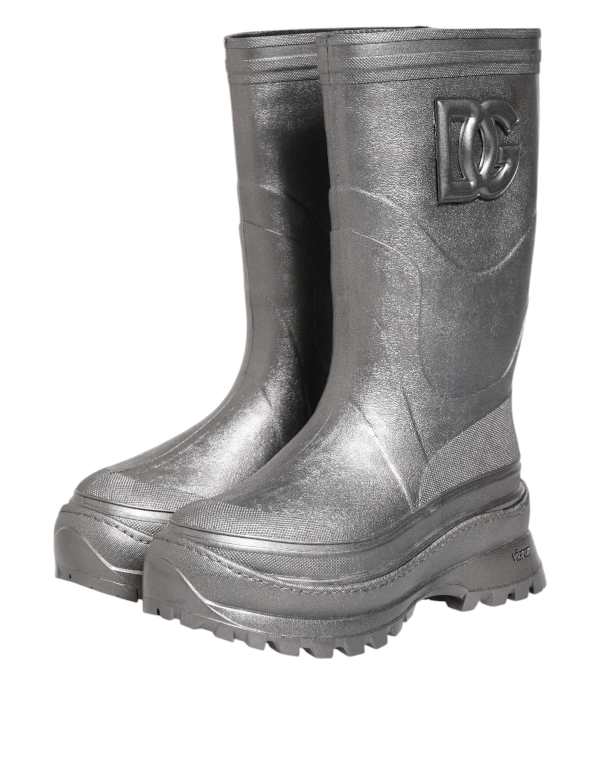 Bottes de pluie en métal argenté Dolce & Gabbana, style à enfiler, avec finition brillante et semelle antidérapante.
